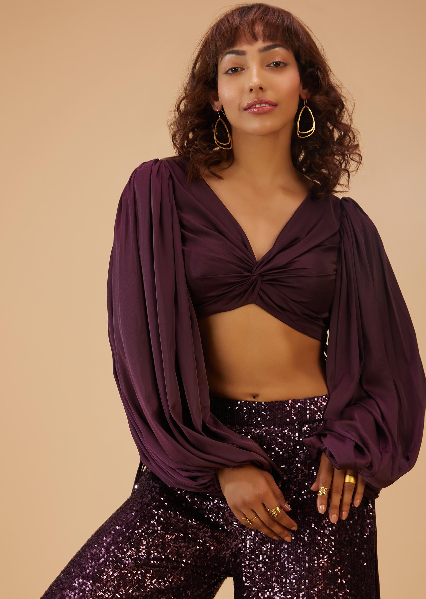Kalki Fashion,SG114715,Wine Purple Palazzo And Crop-Top Set