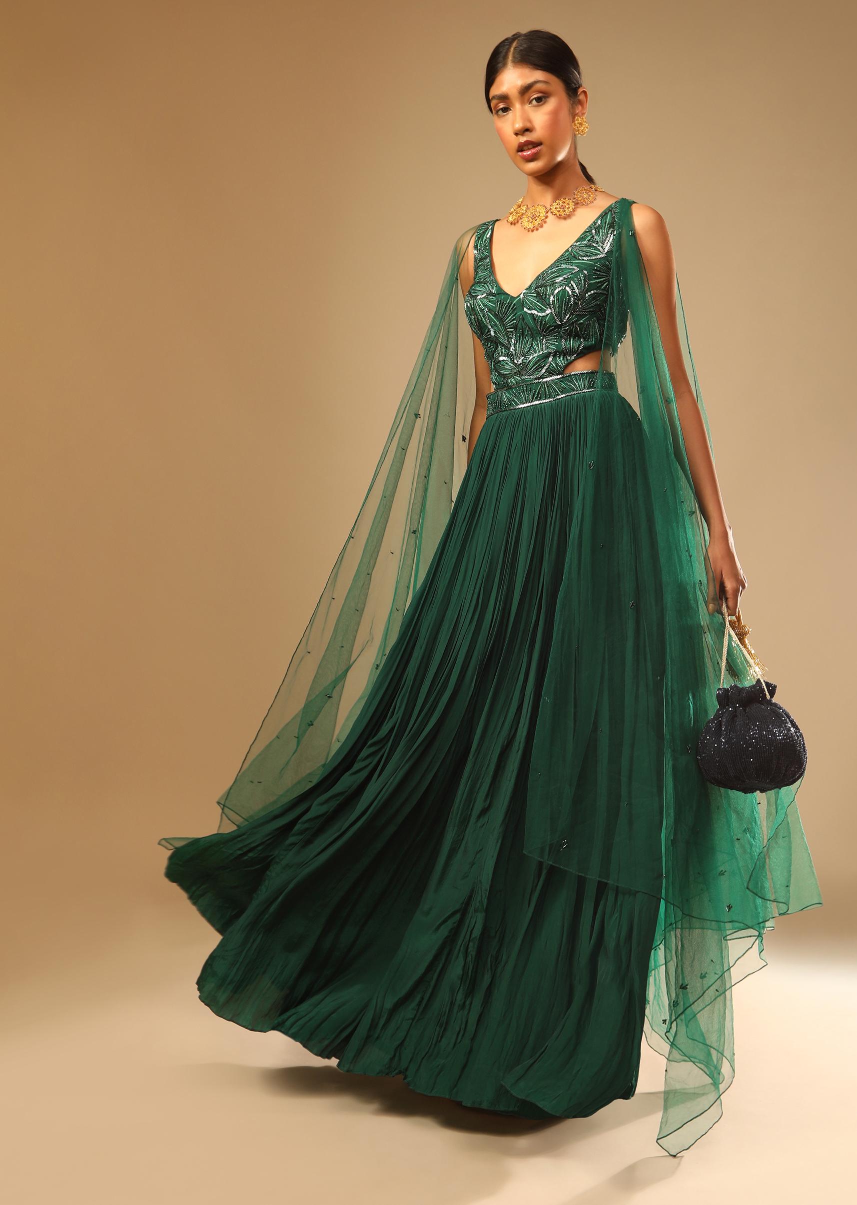 Kalki Fashion,M001G3011Y-SG73164,Bottle Green Gown In Crepe With Side Cut Outs In The Hand Embroidered Bodice