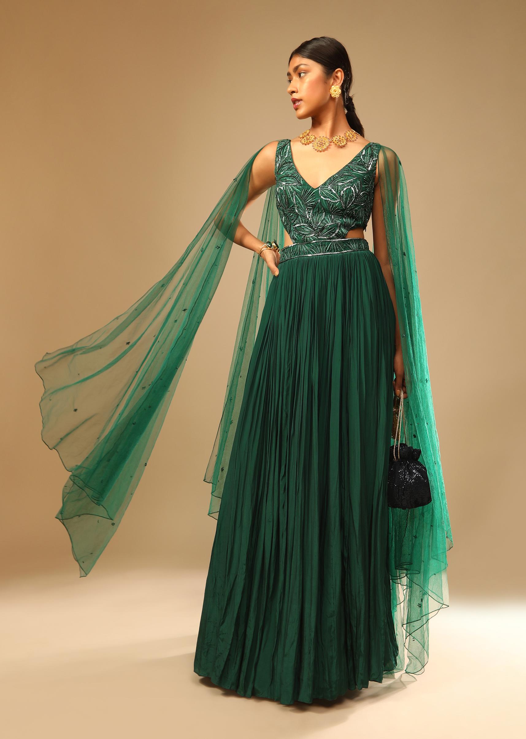 Kalki Fashion,M001G3011Y-SG73164,Bottle Green Gown In Crepe With Side Cut Outs In The Hand Embroidered Bodice