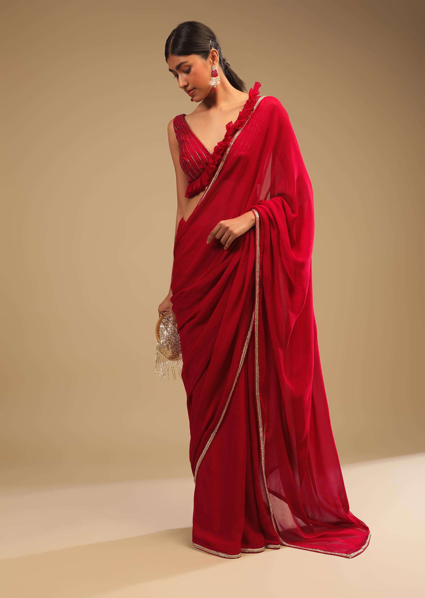 Kalki Fashion,M001TR342Y-SG64570,Cherry Red Saree In Georgette With Sequins And Cut Dana Embellished Border And A Ruffle Frill Adorned Crop Top