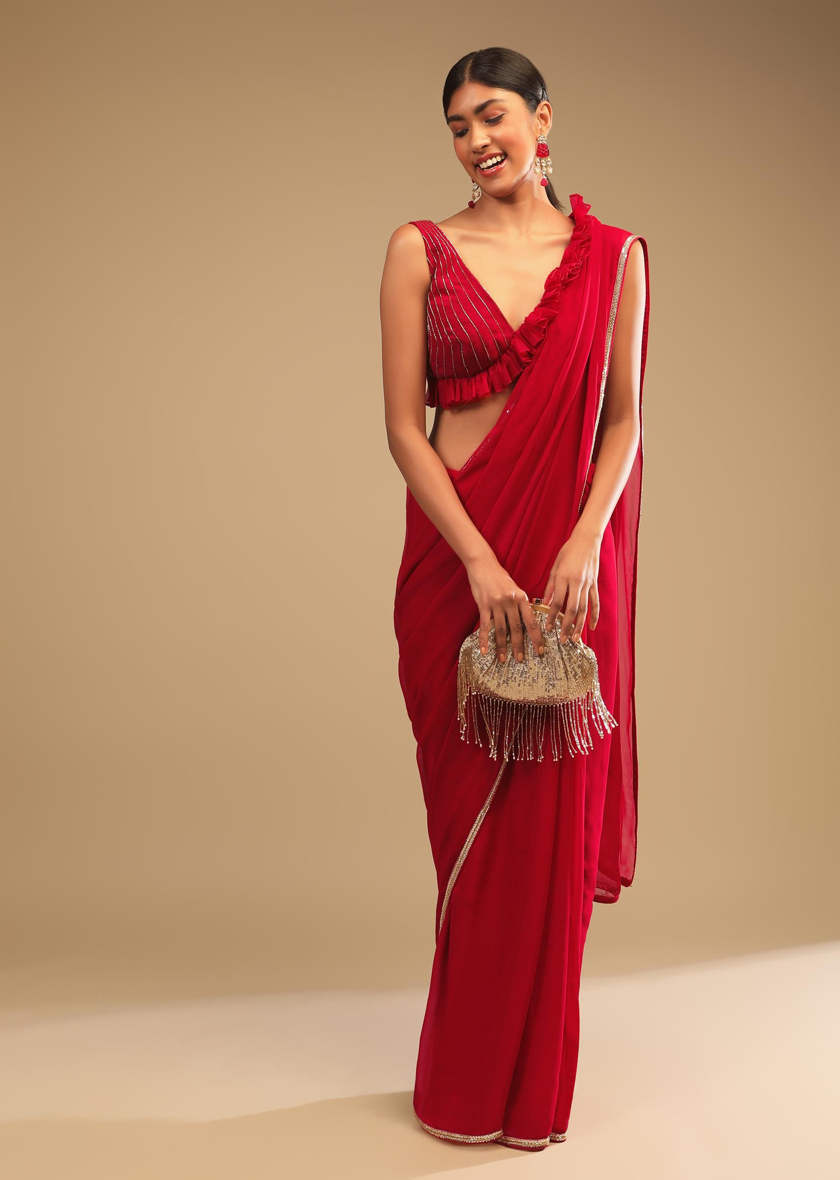 Kalki Fashion,M001TR342Y-SG64570,Cherry Red Saree In Georgette With Sequins And Cut Dana Embellished Border And A Ruffle Frill Adorned Crop Top