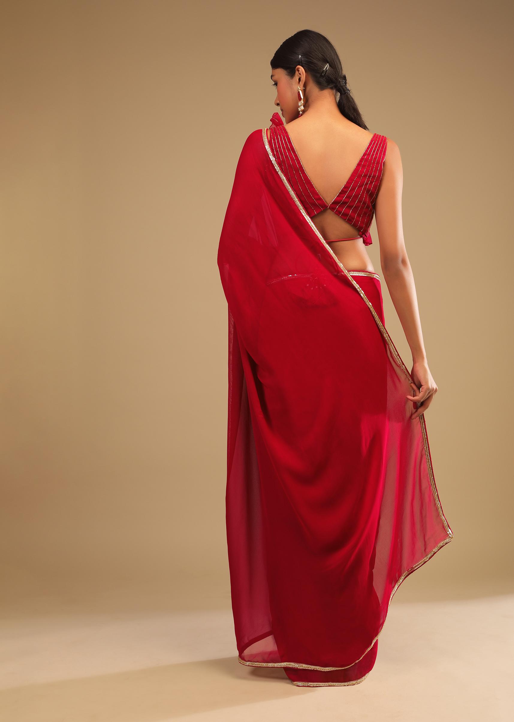 Kalki Fashion,M001TR342Y-SG64570,Cherry Red Saree In Georgette With Sequins And Cut Dana Embellished Border And A Ruffle Frill Adorned Crop Top