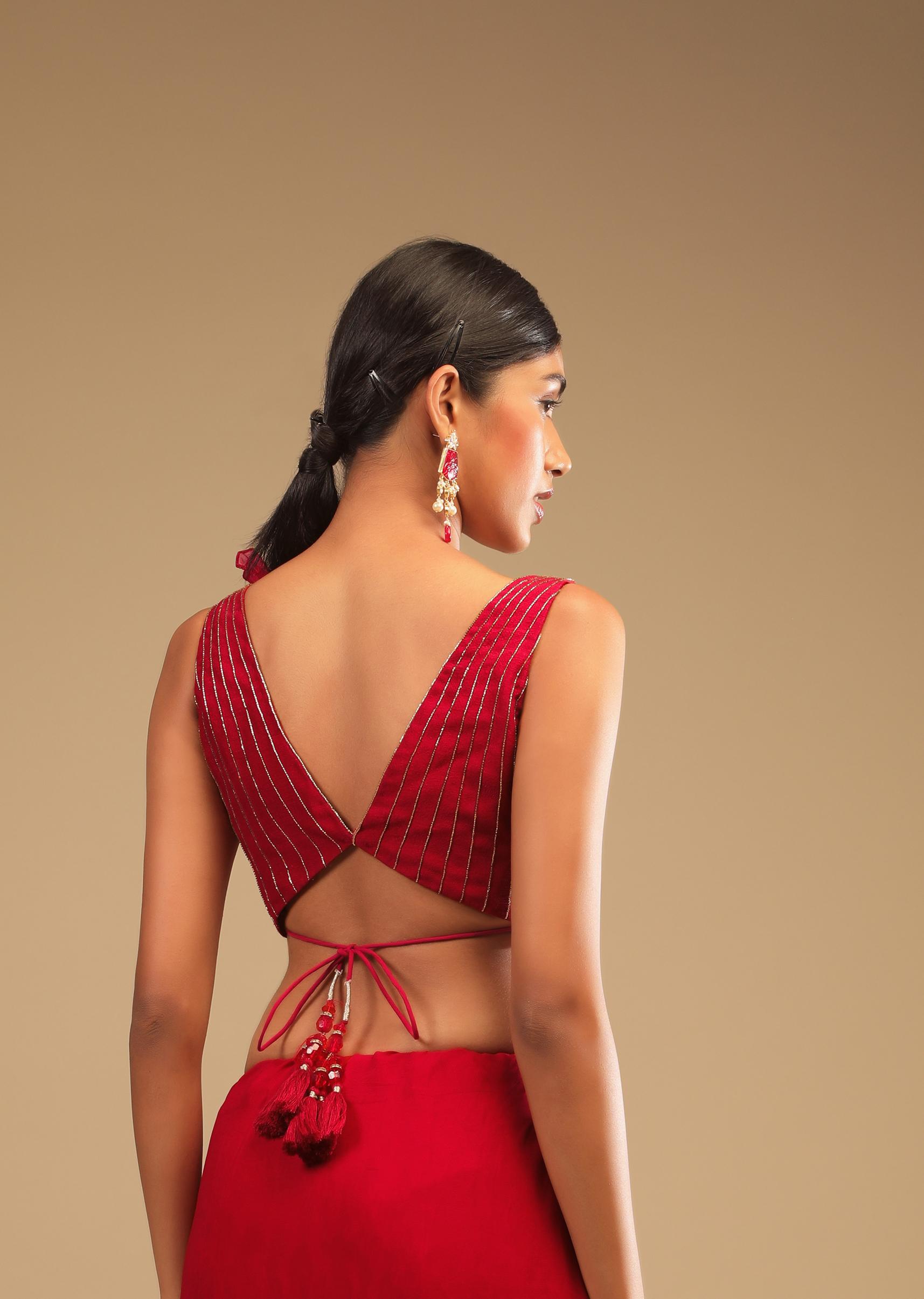 Kalki Fashion,M001TR342Y-SG64570,Cherry Red Saree In Georgette With Sequins And Cut Dana Embellished Border And A Ruffle Frill Adorned Crop Top
