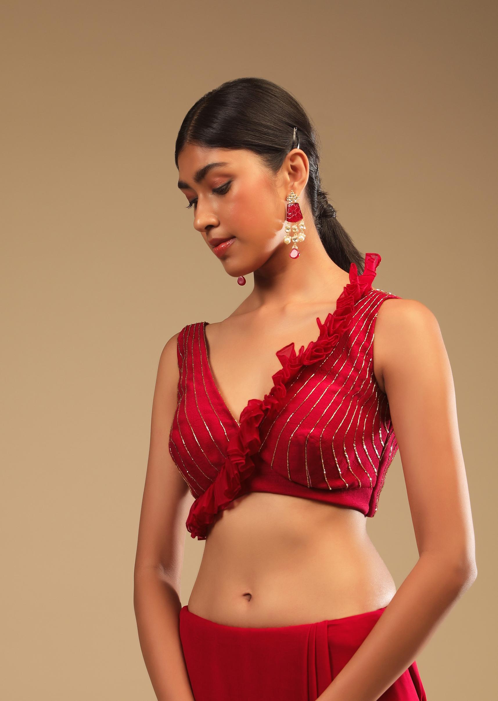 Kalki Fashion,M001TR342Y-SG64570,Cherry Red Saree In Georgette With Sequins And Cut Dana Embellished Border And A Ruffle Frill Adorned Crop Top