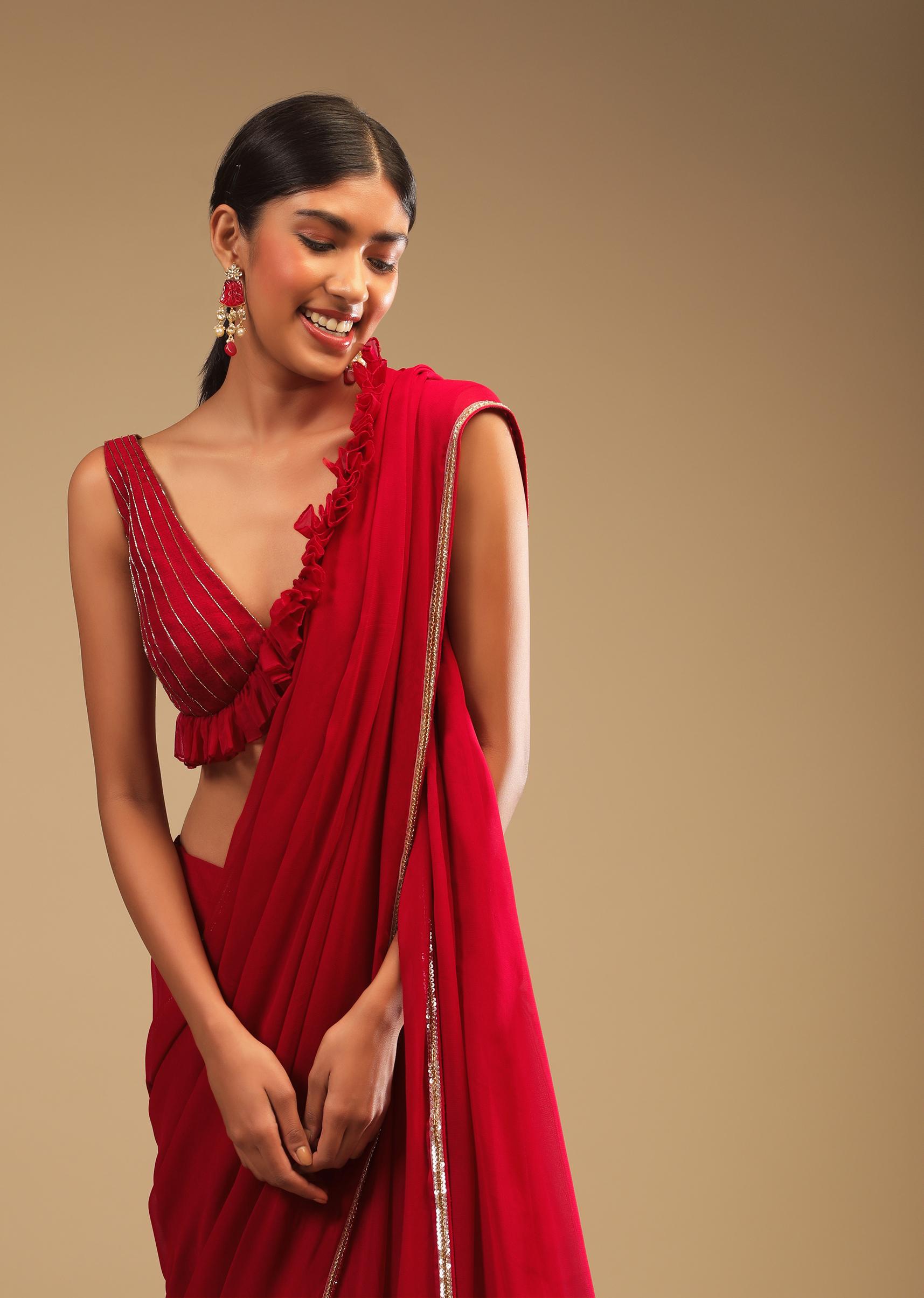 Kalki Fashion,M001TR342Y-SG64570,Cherry Red Saree In Georgette With Sequins And Cut Dana Embellished Border And A Ruffle Frill Adorned Crop Top