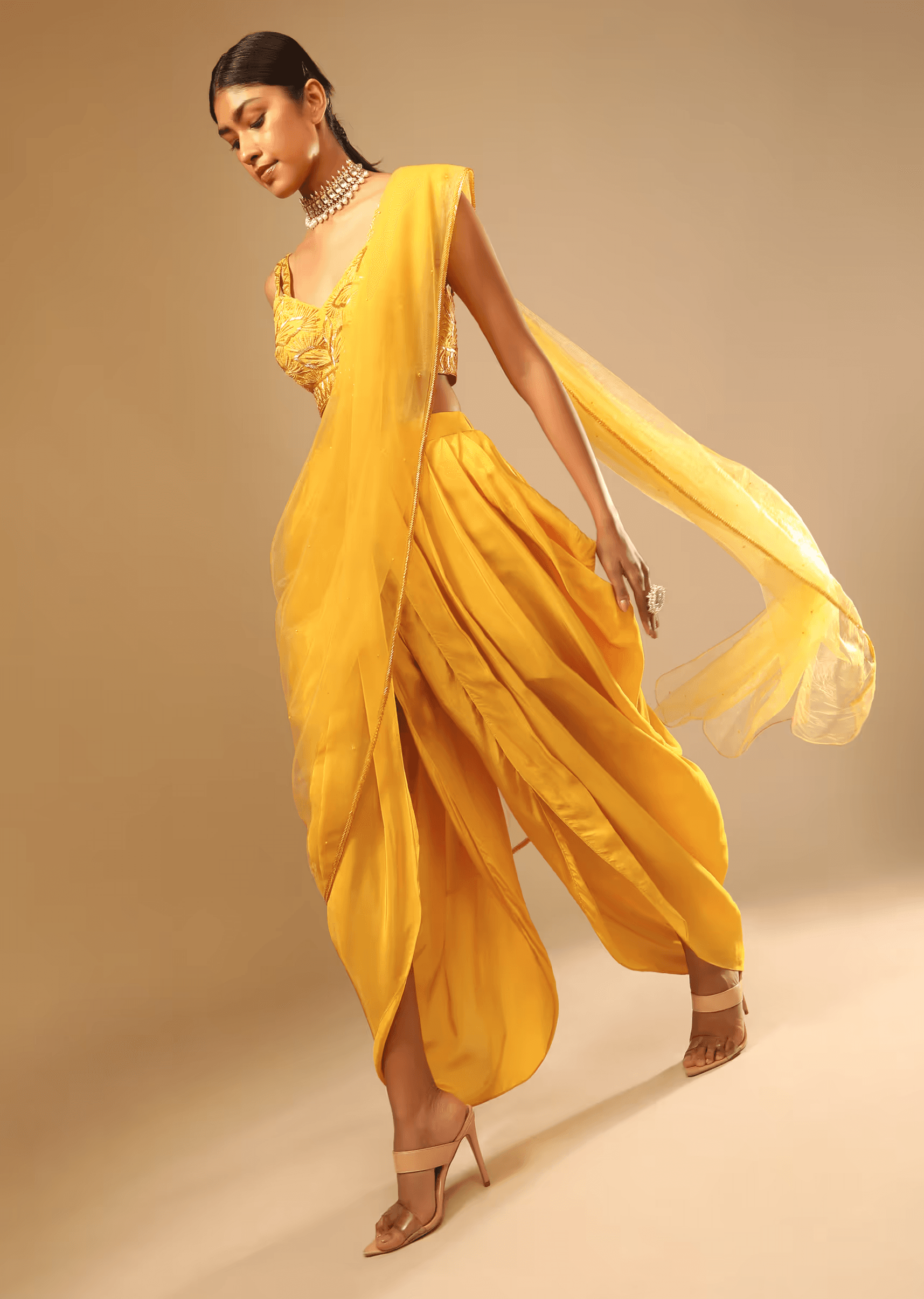 Kalki Fashion,M001G3013Y-SG73709,Corn Yellow Dhoti And Crop Top Suit With Hand Embroidered Leaf Motifs And A Matching Dupatta