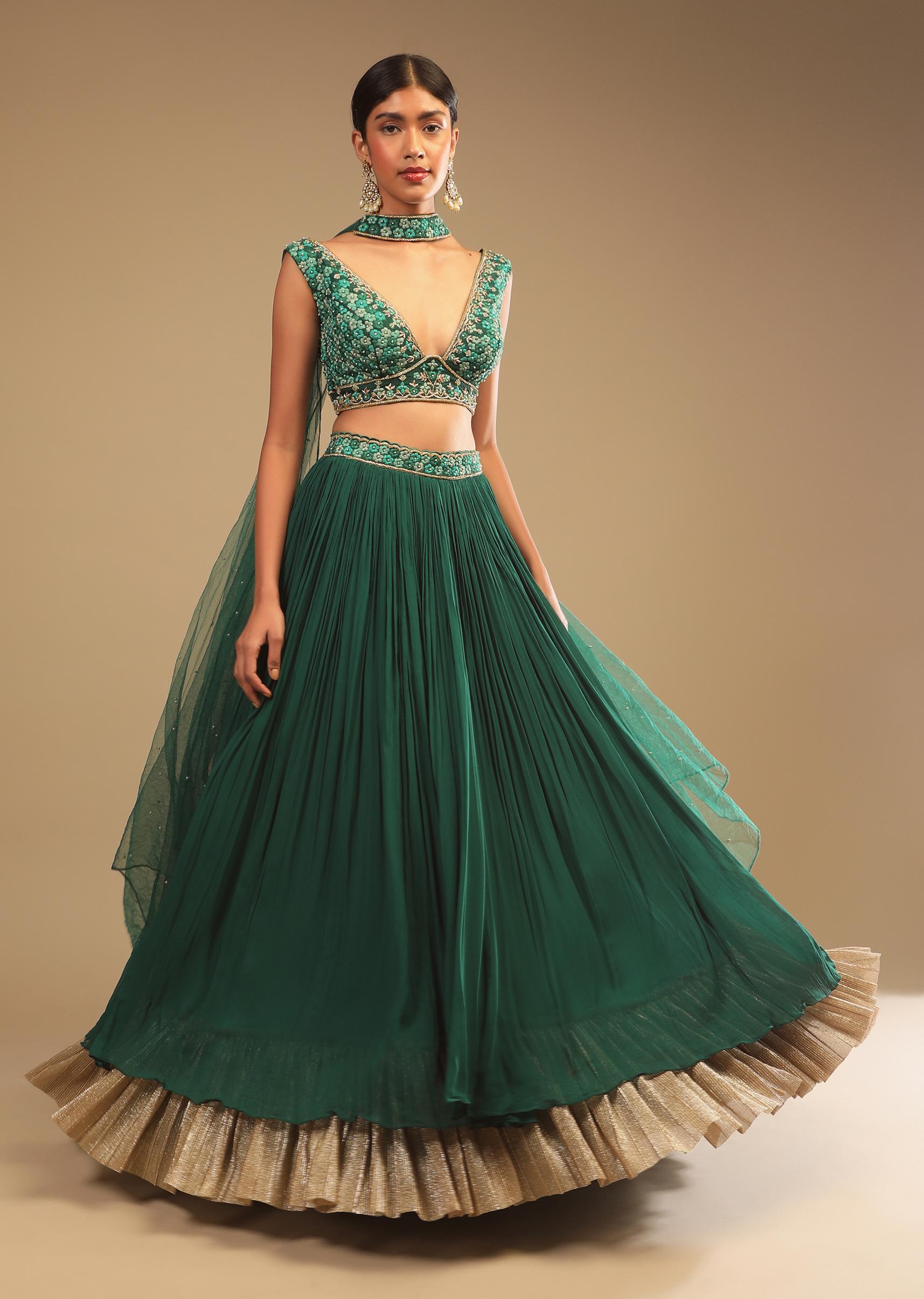Kalki Fashion,M001AT399Y-SG73291,Emerald Green Lehenga In Georgette With A Plunging Neck Crop Top Featuring Floral Hand Work And Choker Dupatta