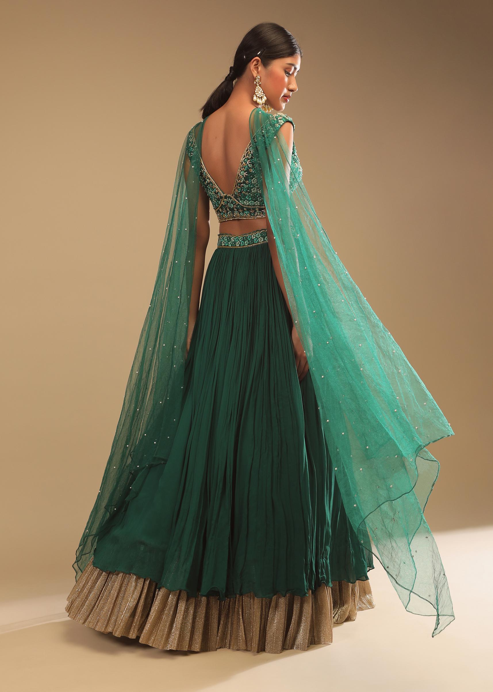 Kalki Fashion,M001AT399Y-SG73291,Emerald Green Lehenga In Georgette With A Plunging Neck Crop Top Featuring Floral Hand Work And Choker Dupatta