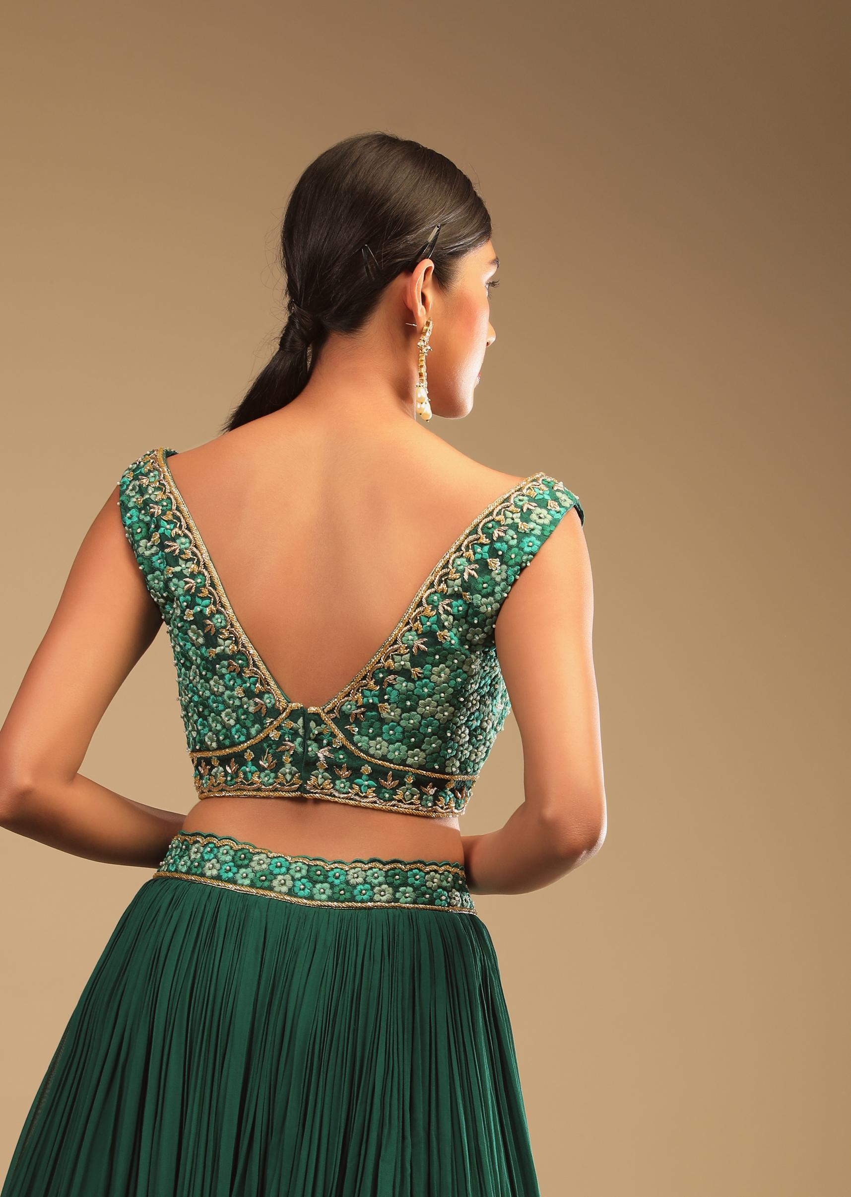 Kalki Fashion,M001AT399Y-SG73291,Emerald Green Lehenga In Georgette With A Plunging Neck Crop Top Featuring Floral Hand Work And Choker Dupatta