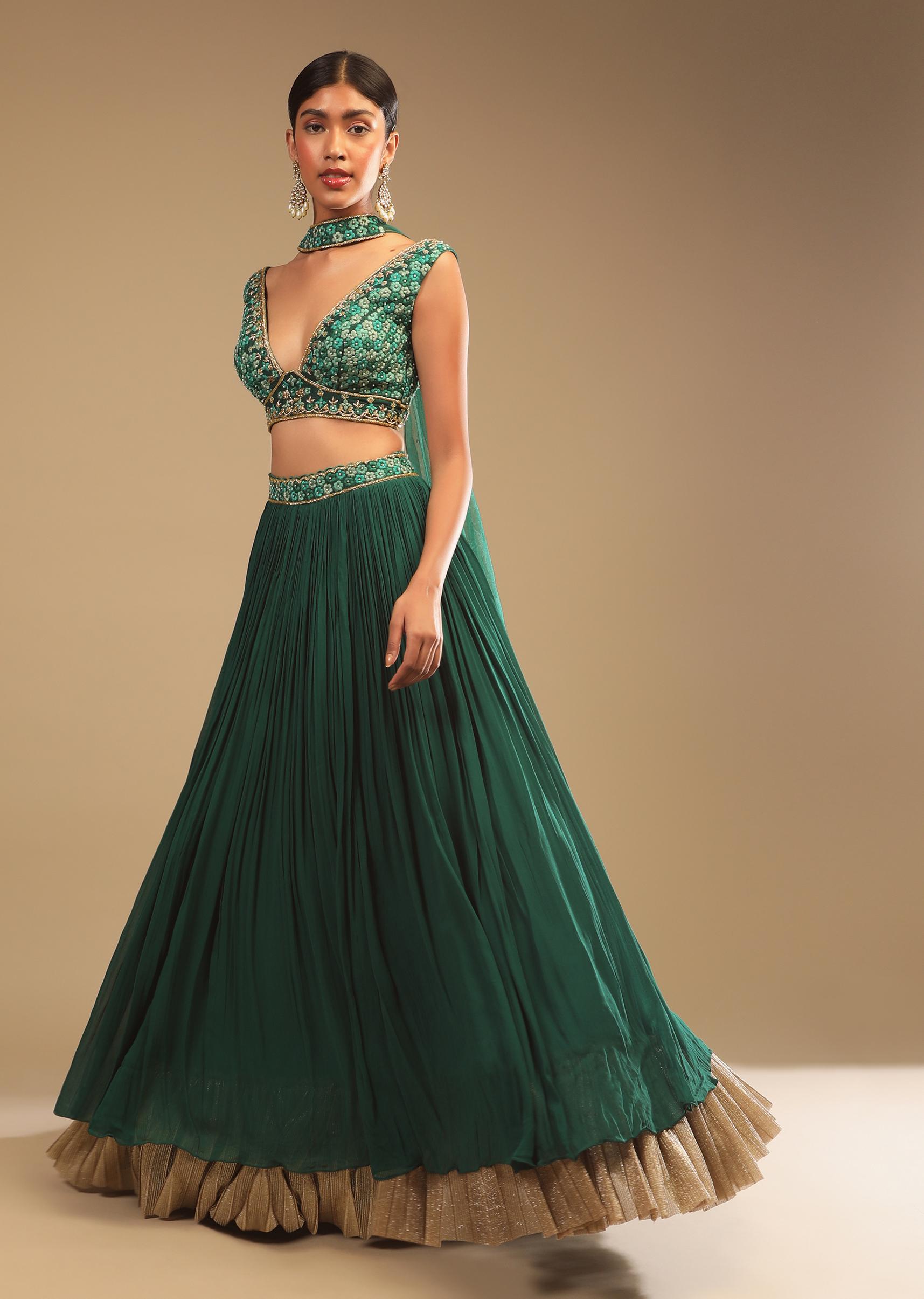 Kalki Fashion,M001AT399Y-SG73291,Emerald Green Lehenga In Georgette With A Plunging Neck Crop Top Featuring Floral Hand Work And Choker Dupatta