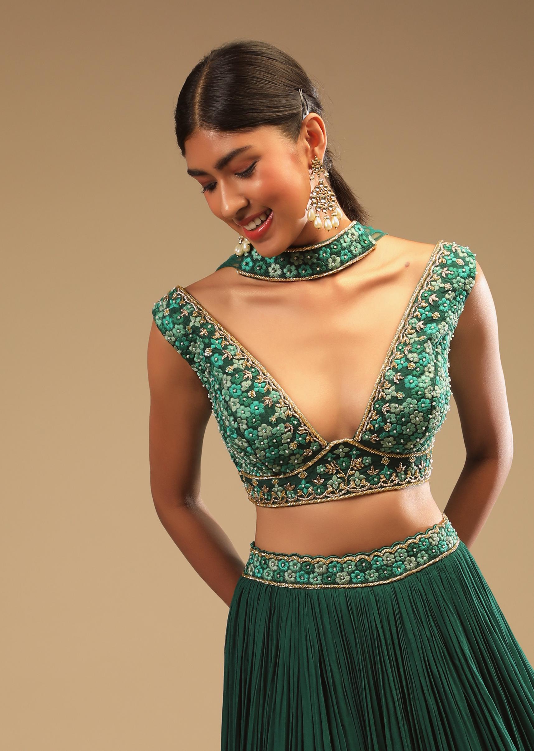 Kalki Fashion,M001AT399Y-SG73291,Emerald Green Lehenga In Georgette With A Plunging Neck Crop Top Featuring Floral Hand Work And Choker Dupatta