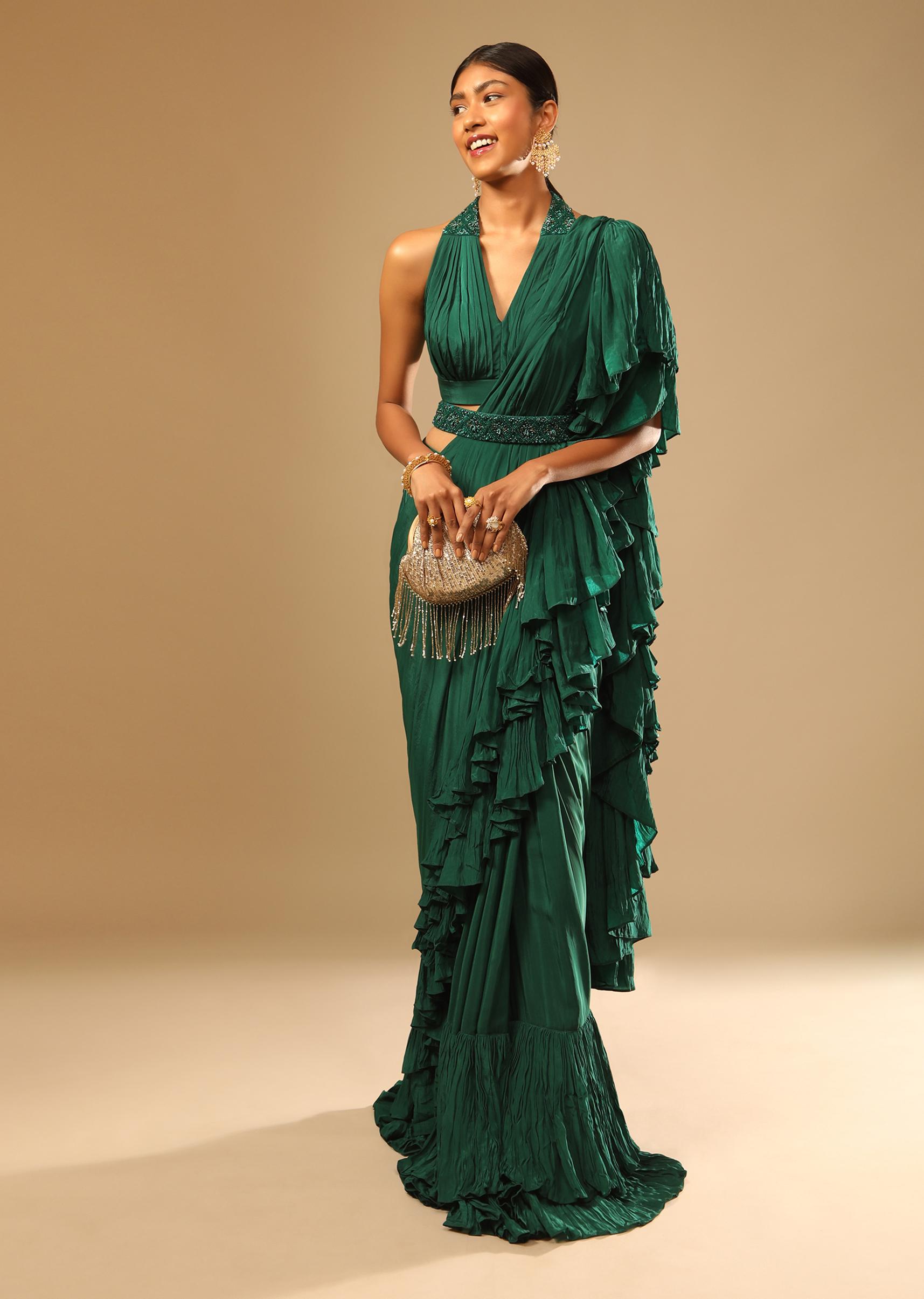 Kalki Fashion,M001RA530Y-SG73721,Emerald Green Ready Pleated Ruffle Saree With A Halter Neck Blouse And 3D Embroidered Belt