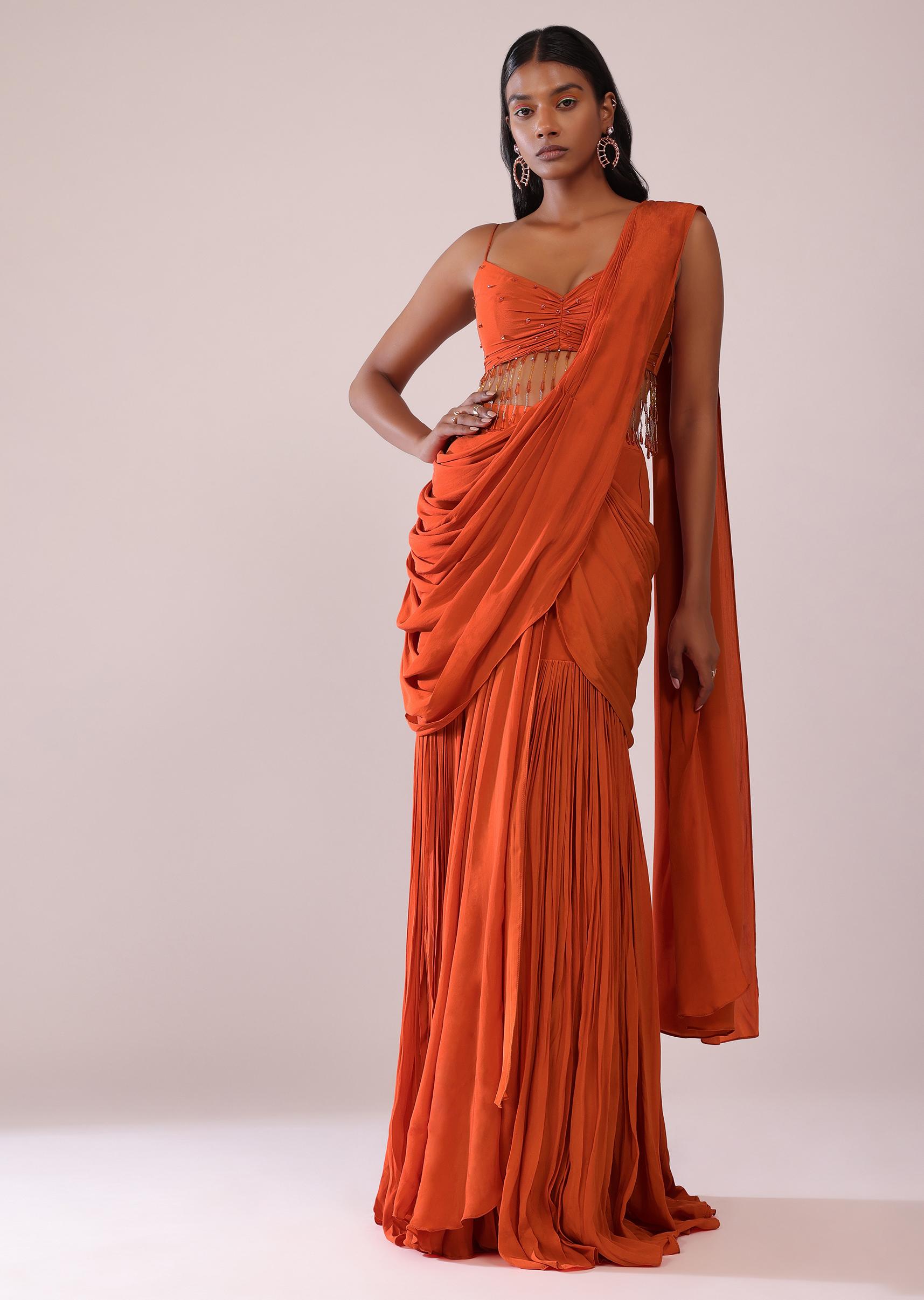 Kalki Fashion,SG149477,Fire Orange Drape Saree And Blouse Set In Crepe With Tassels