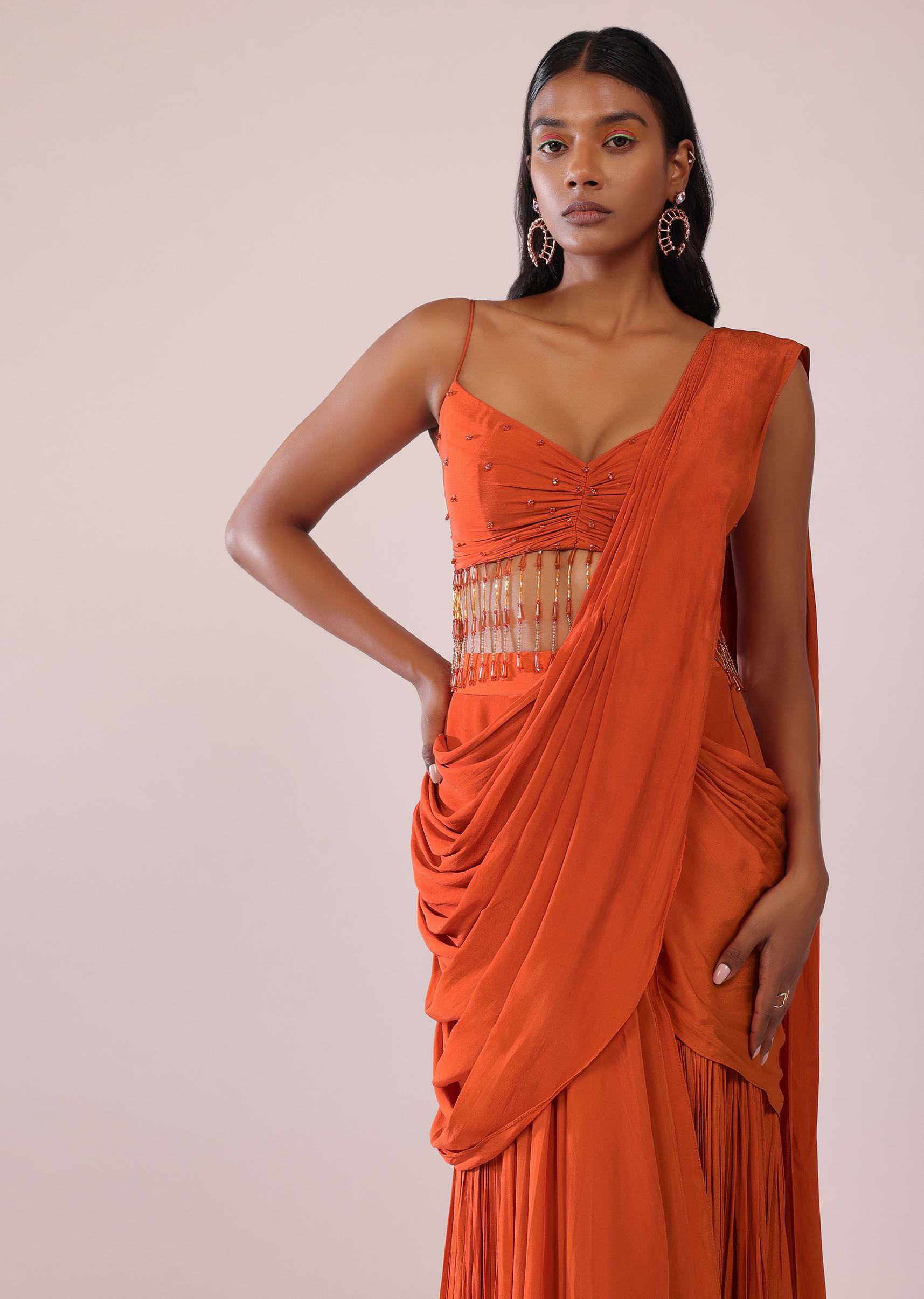 Kalki Fashion,SG149477,Fire Orange Drape Saree And Blouse Set In Crepe With Tassels