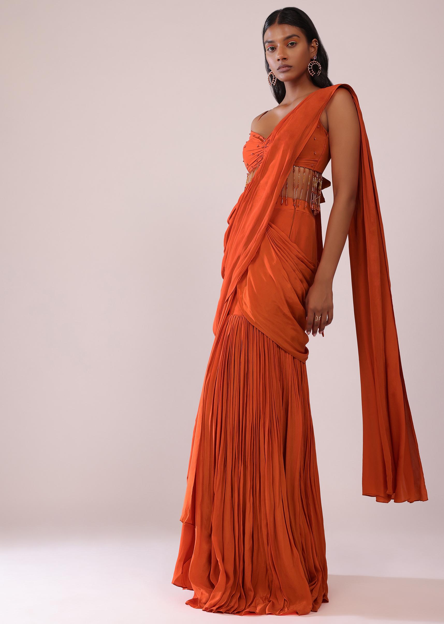 Kalki Fashion,SG149477,Fire Orange Drape Saree And Blouse Set In Crepe With Tassels