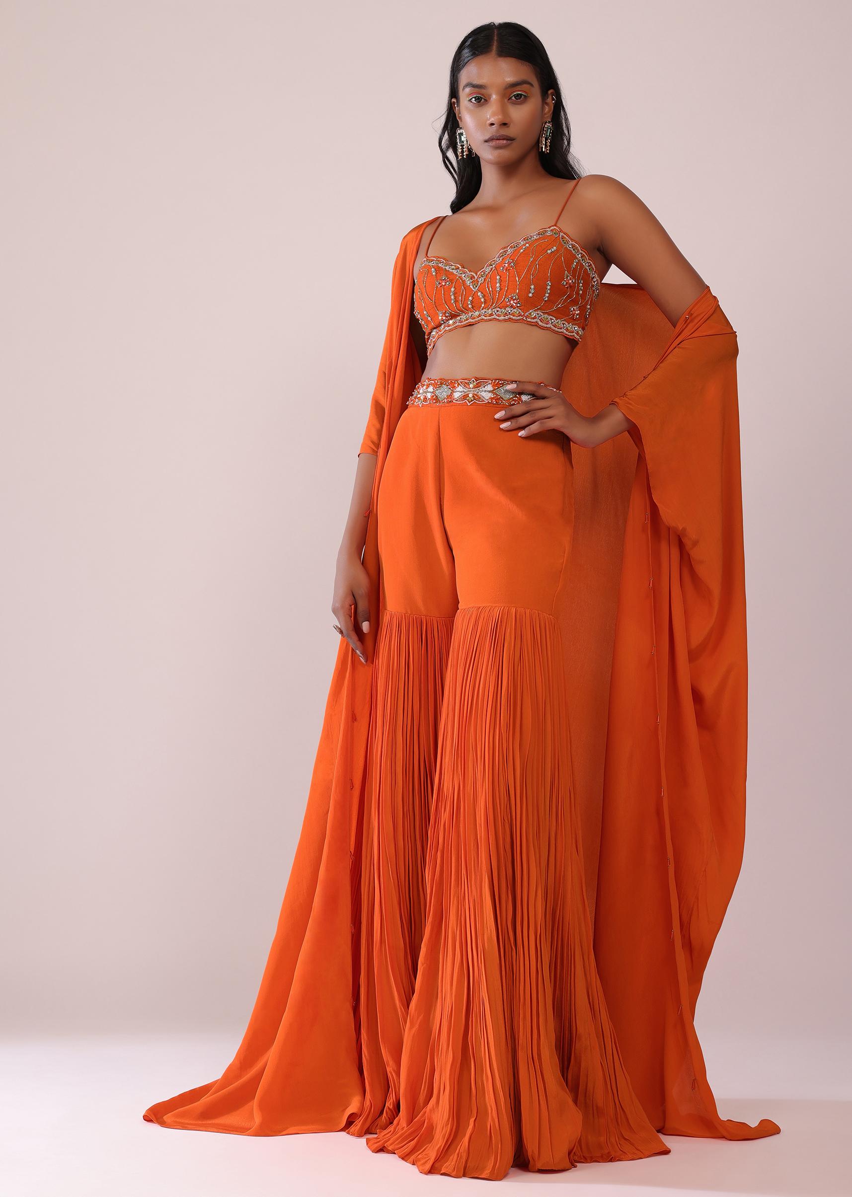 Kalki Fashion,SG147545,Fire Orange Sharara Pant And Blouse Set With Jacket In Crepe