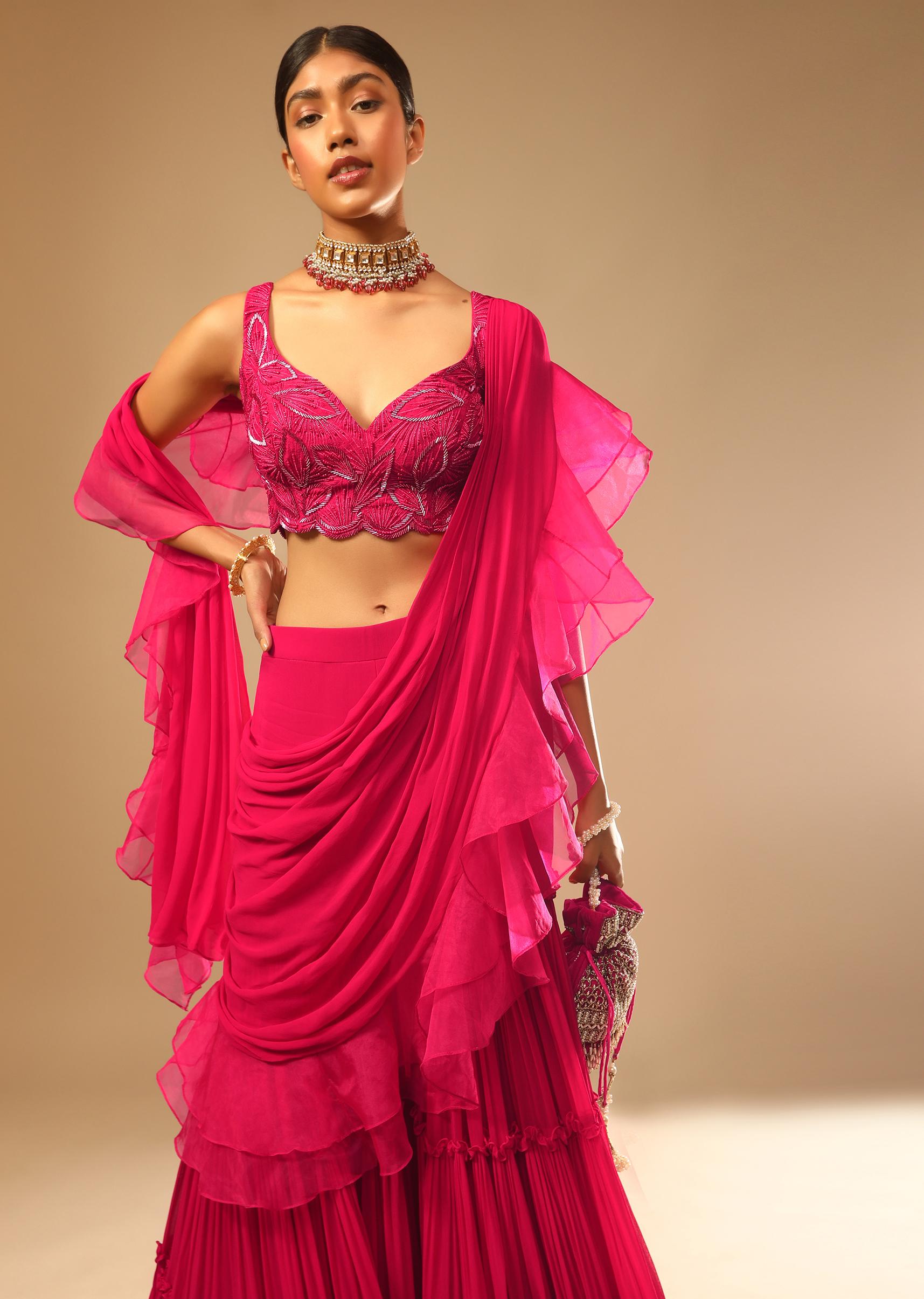 Kalki Fashion,M001G3014Y-SG73512,Hot Pink Crop Top Sharara Suit With An Attached Ruffle Draped And An Hand Embroidered Leaf Motifs