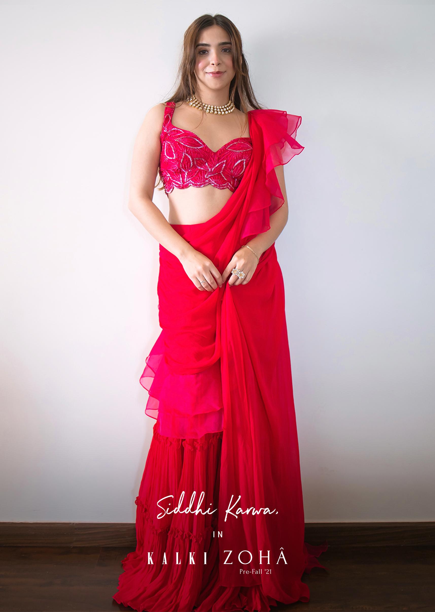 Kalki Fashion,M001G3014Y-SG73512,Hot Pink Crop Top Sharara Suit With An Attached Ruffle Draped And An Hand Embroidered Leaf Motifs