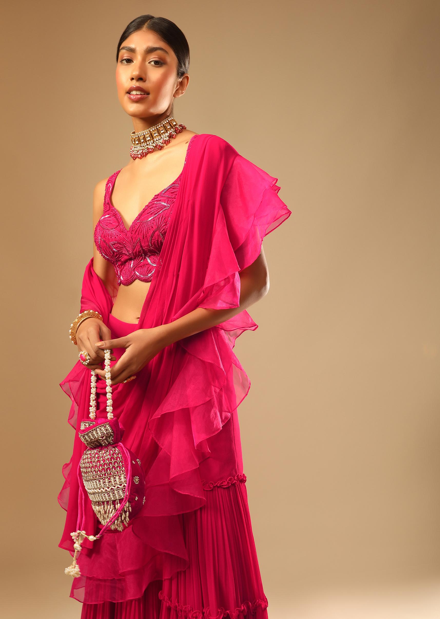 Kalki Fashion,M001G3014Y-SG73512,Hot Pink Crop Top Sharara Suit With An Attached Ruffle Draped And An Hand Embroidered Leaf Motifs