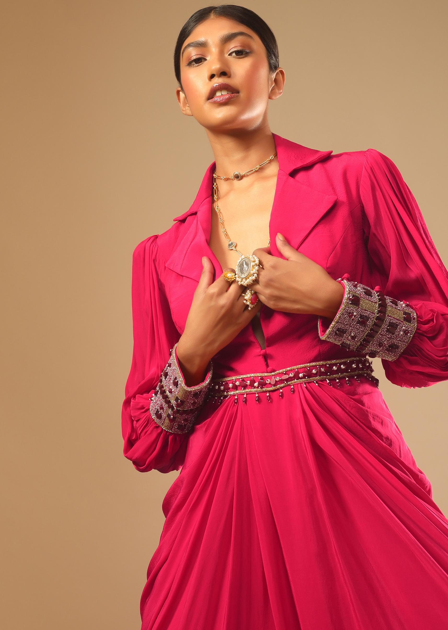 Kalki Fashion,M001AT403Y-SG73175,Hot Pink Dress With A Chunky Embroidered Bishop Sleeves And Collar Neckline