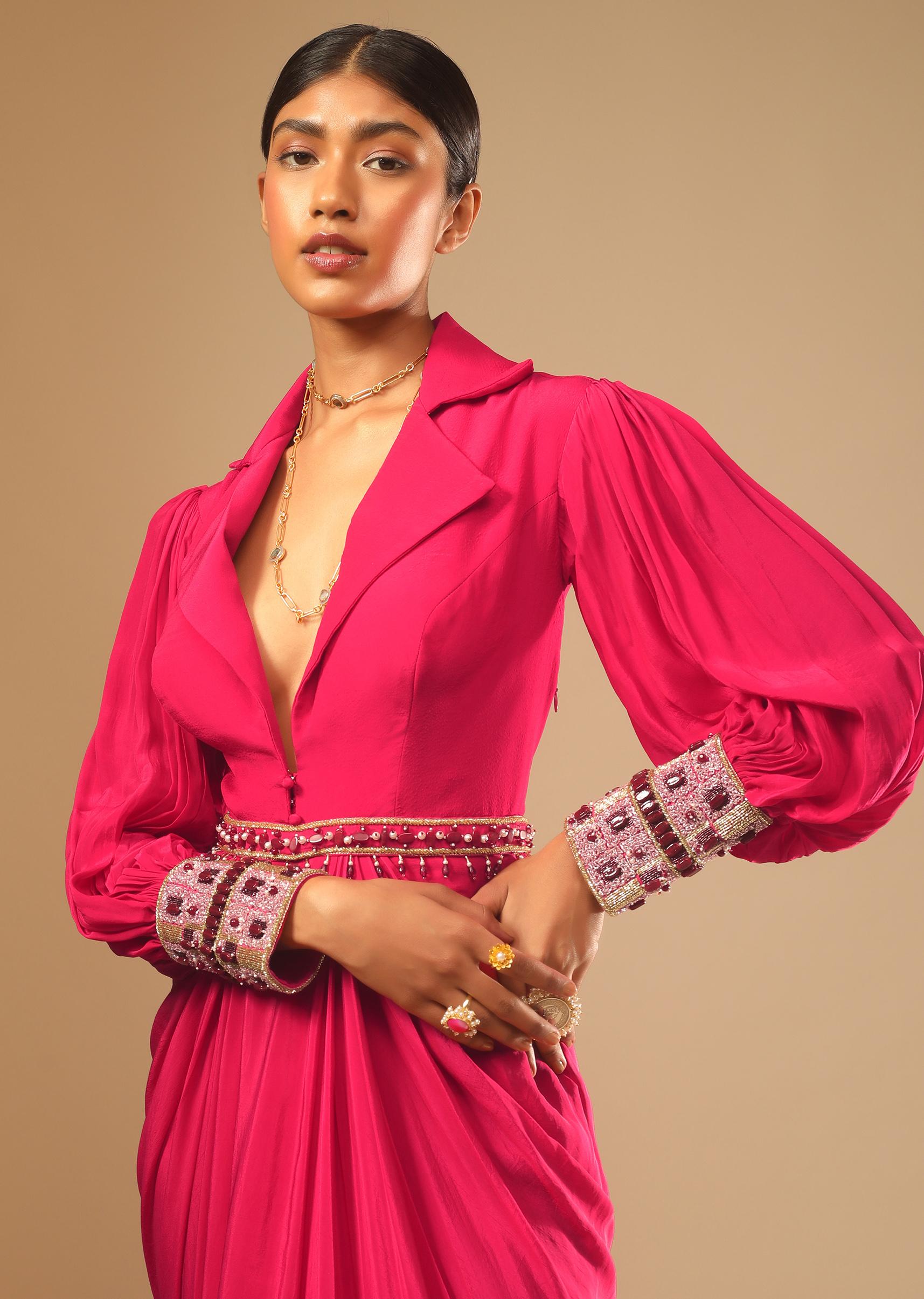 Kalki Fashion,M001AT403Y-SG73175,Hot Pink Dress With A Chunky Embroidered Bishop Sleeves And Collar Neckline