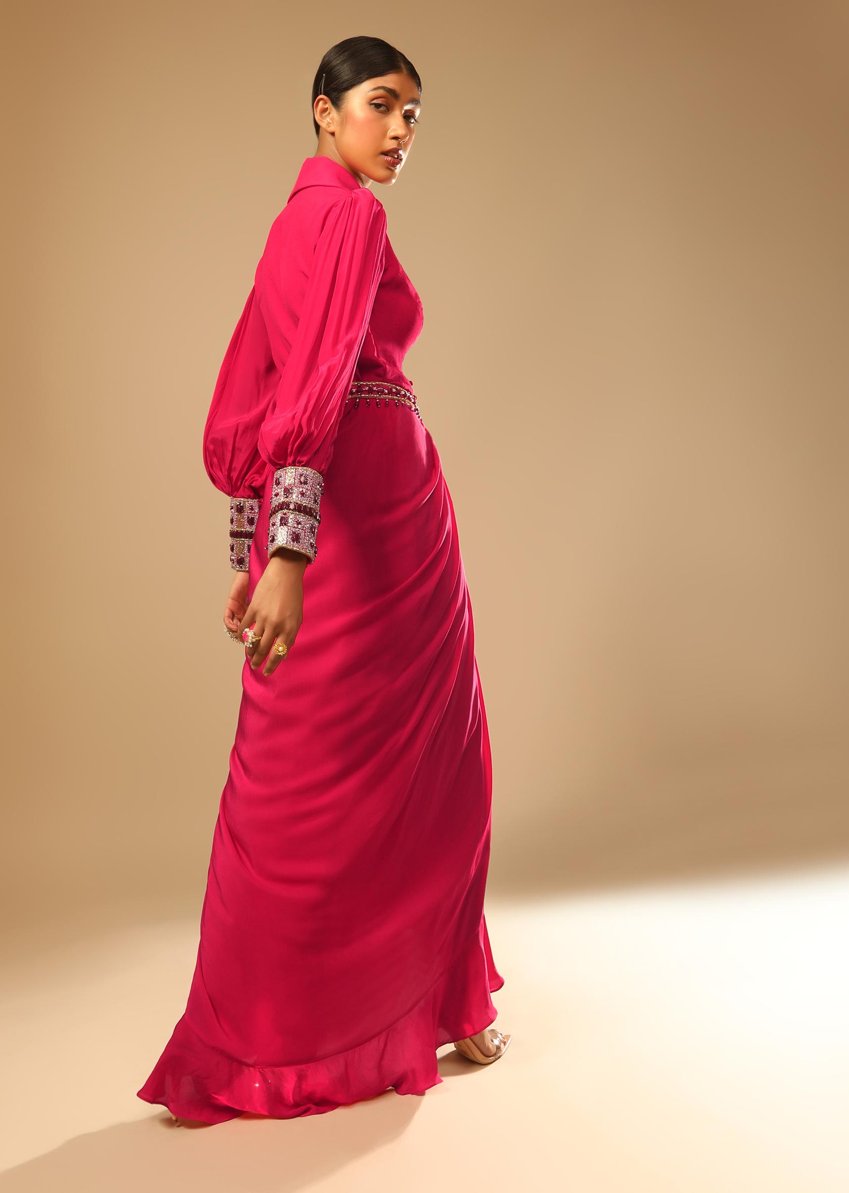 Kalki Fashion,M001AT403Y-SG73175,Hot Pink Dress With A Chunky Embroidered Bishop Sleeves And Collar Neckline