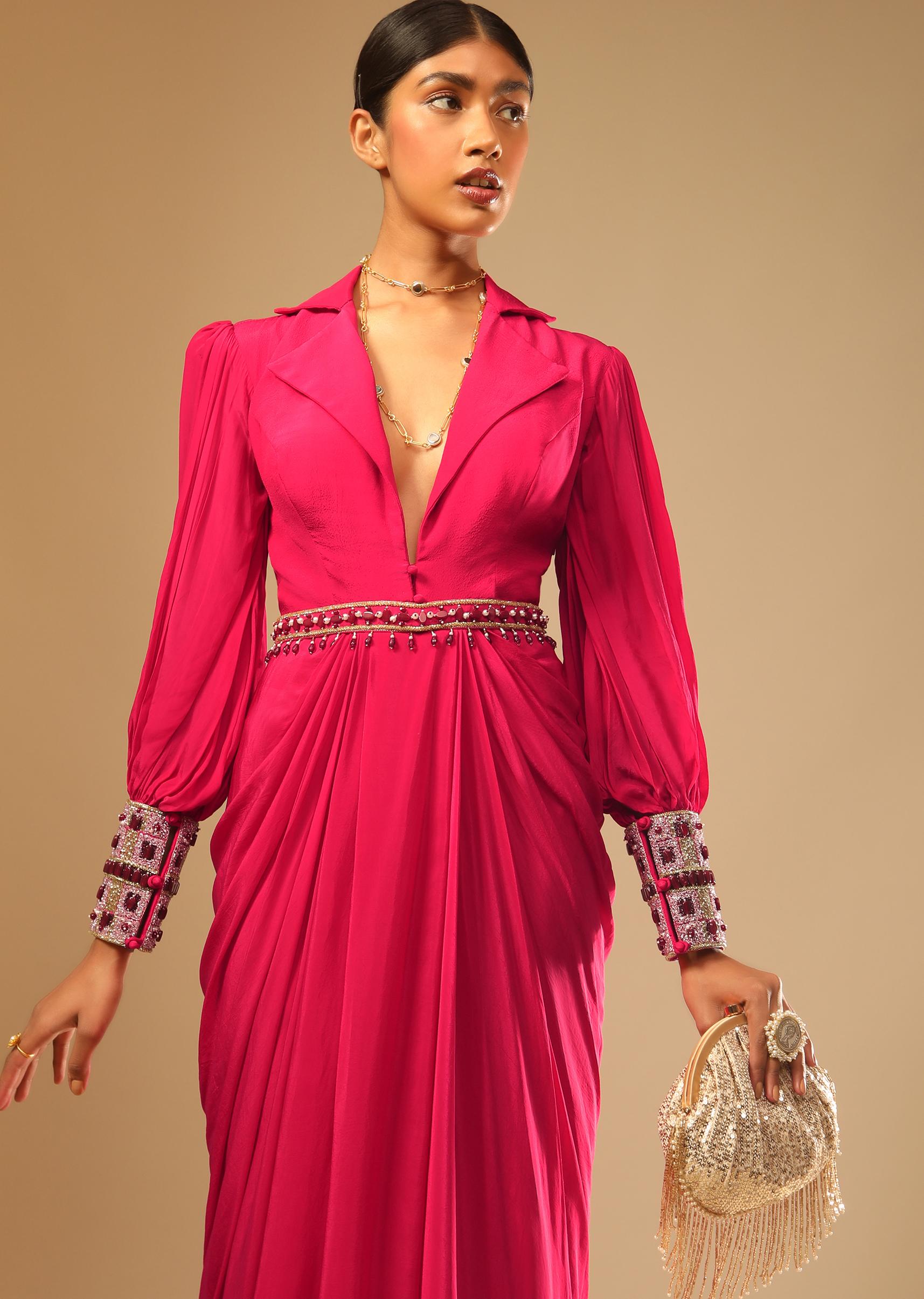 Kalki Fashion,M001AT403Y-SG73175,Hot Pink Dress With A Chunky Embroidered Bishop Sleeves And Collar Neckline