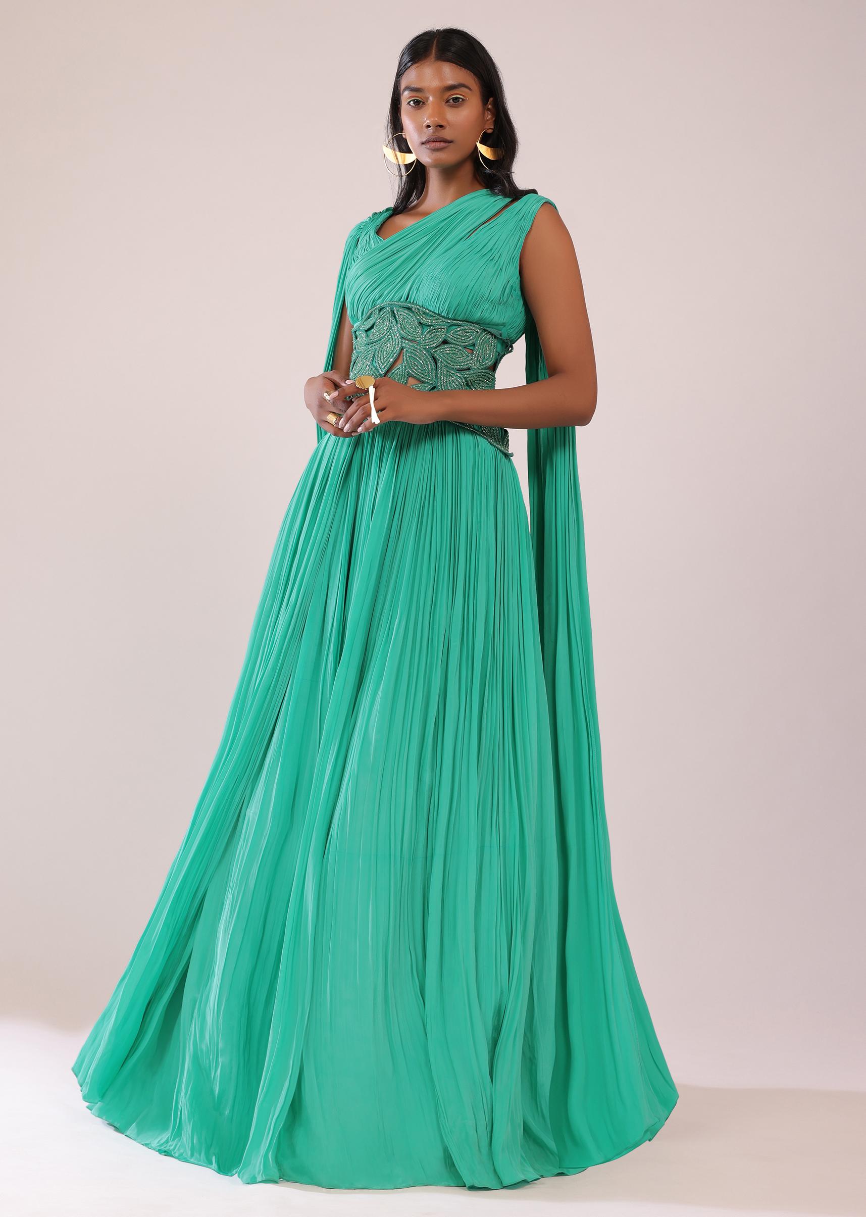 Kalki Fashion,SG148248,Jade Green Indo-Western Crepe Fabricated Gown Adorned In Cut Work
