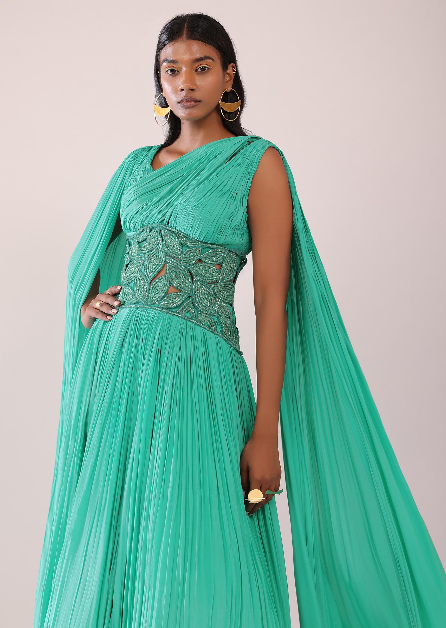 Kalki Fashion,SG148248,Jade Green Indo-Western Crepe Fabricated Gown Adorned In Cut Work