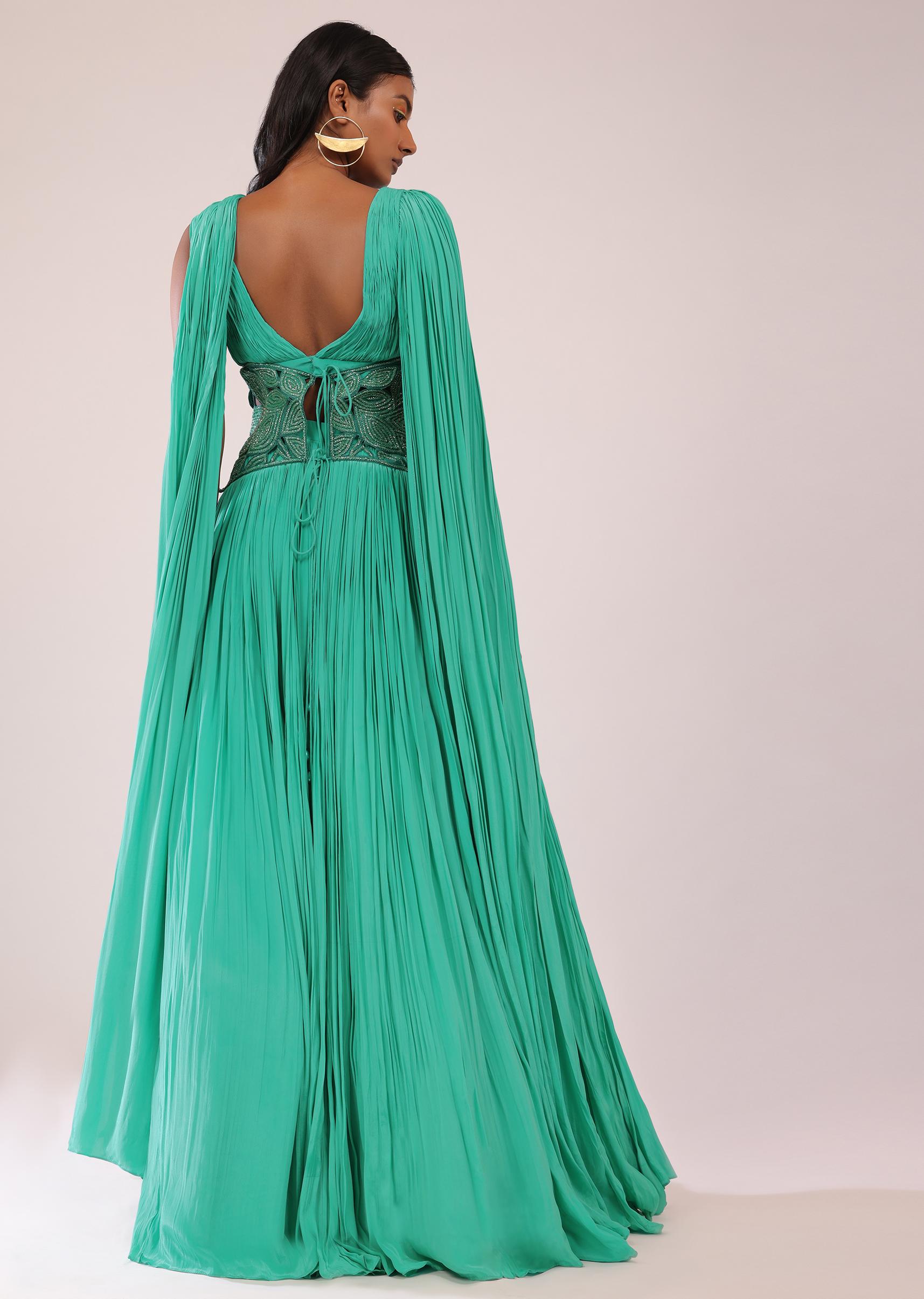 Kalki Fashion,SG148248,Jade Green Indo-Western Crepe Fabricated Gown Adorned In Cut Work