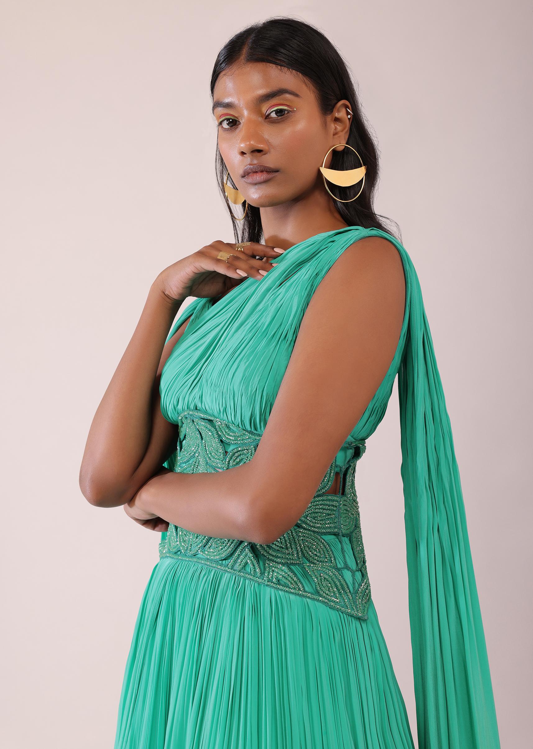 Kalki Fashion,SG148248,Jade Green Indo-Western Crepe Fabricated Gown Adorned In Cut Work
