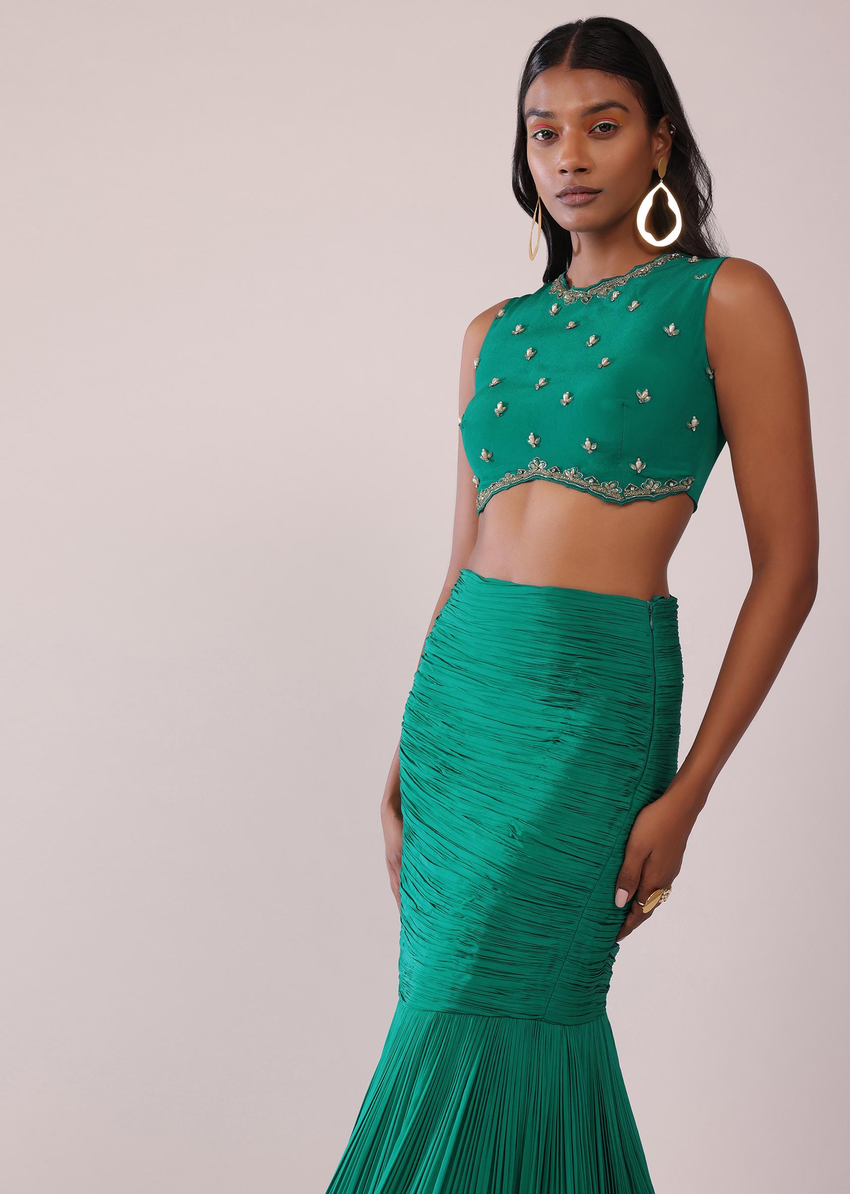 Kalki Fashion,SG147398,Jade Green Skirt And Blouse Set In Crepe With Hand Work