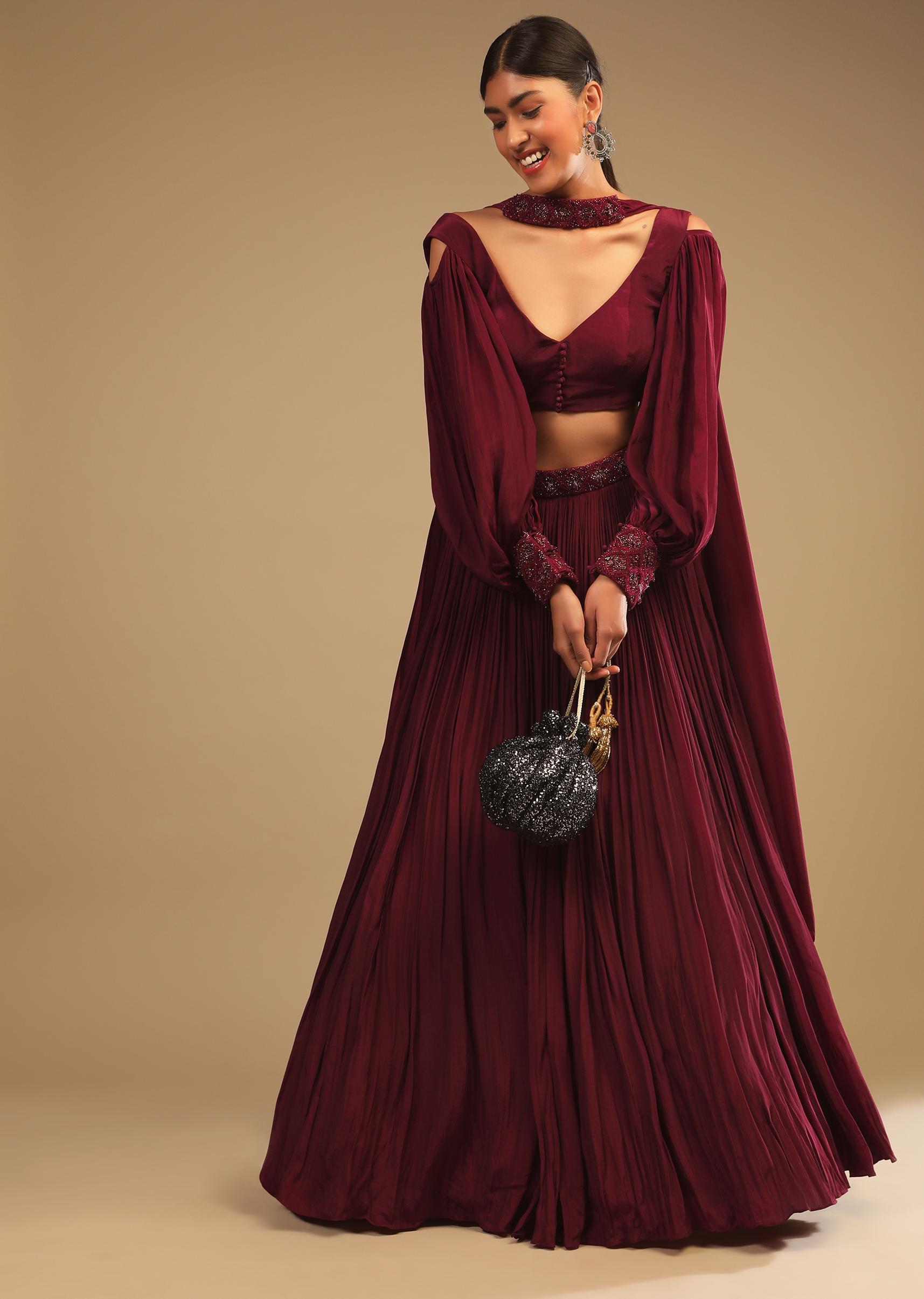 Kalki Fashion,M001RA527Y-SG73719,Maroon Lehenga In Crepe With Embroidery Detailing On The Waist And Bishop Sleeved Crop Top