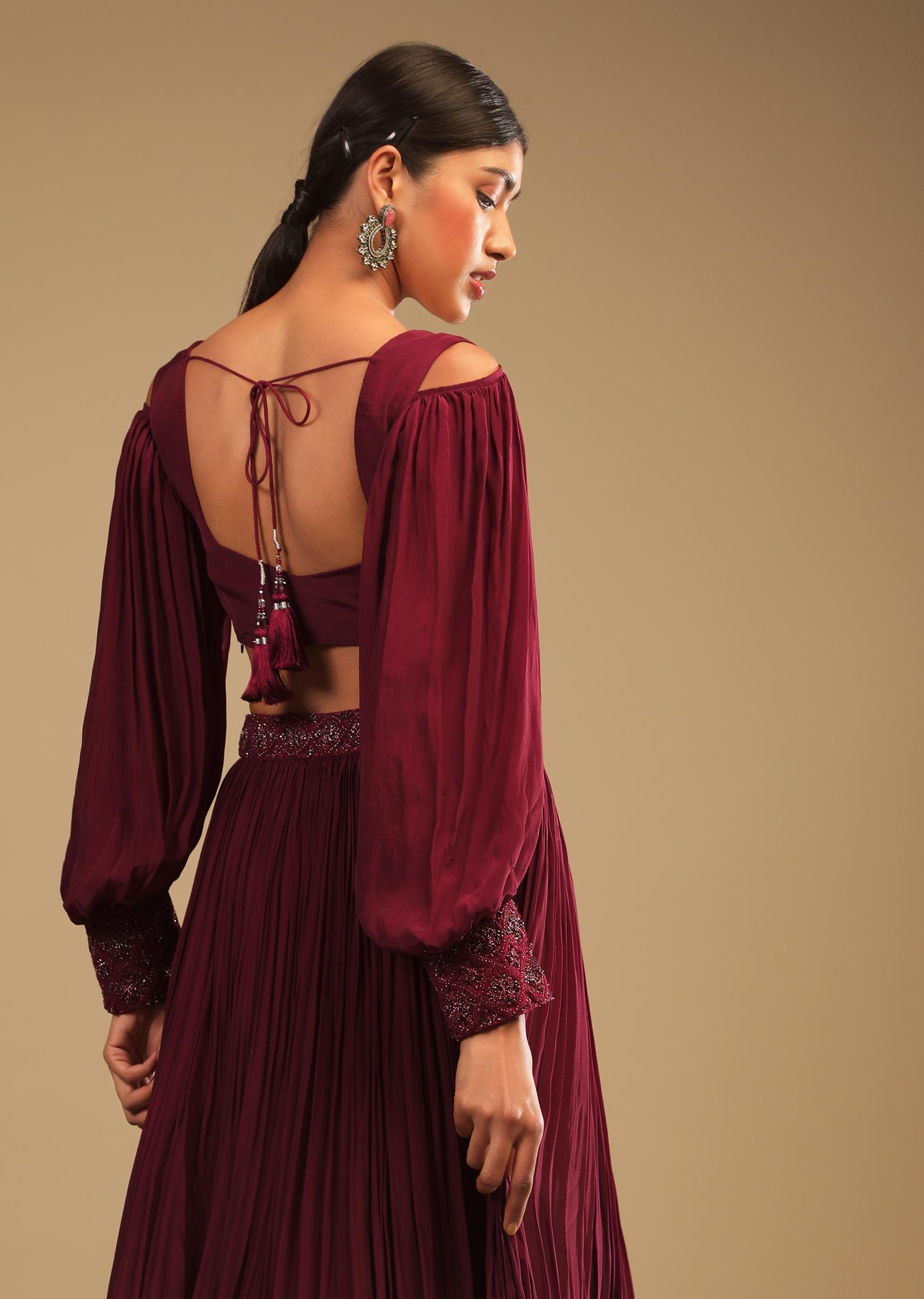 Kalki Fashion,M001RA527Y-SG73719,Maroon Lehenga In Crepe With Embroidery Detailing On The Waist And Bishop Sleeved Crop Top