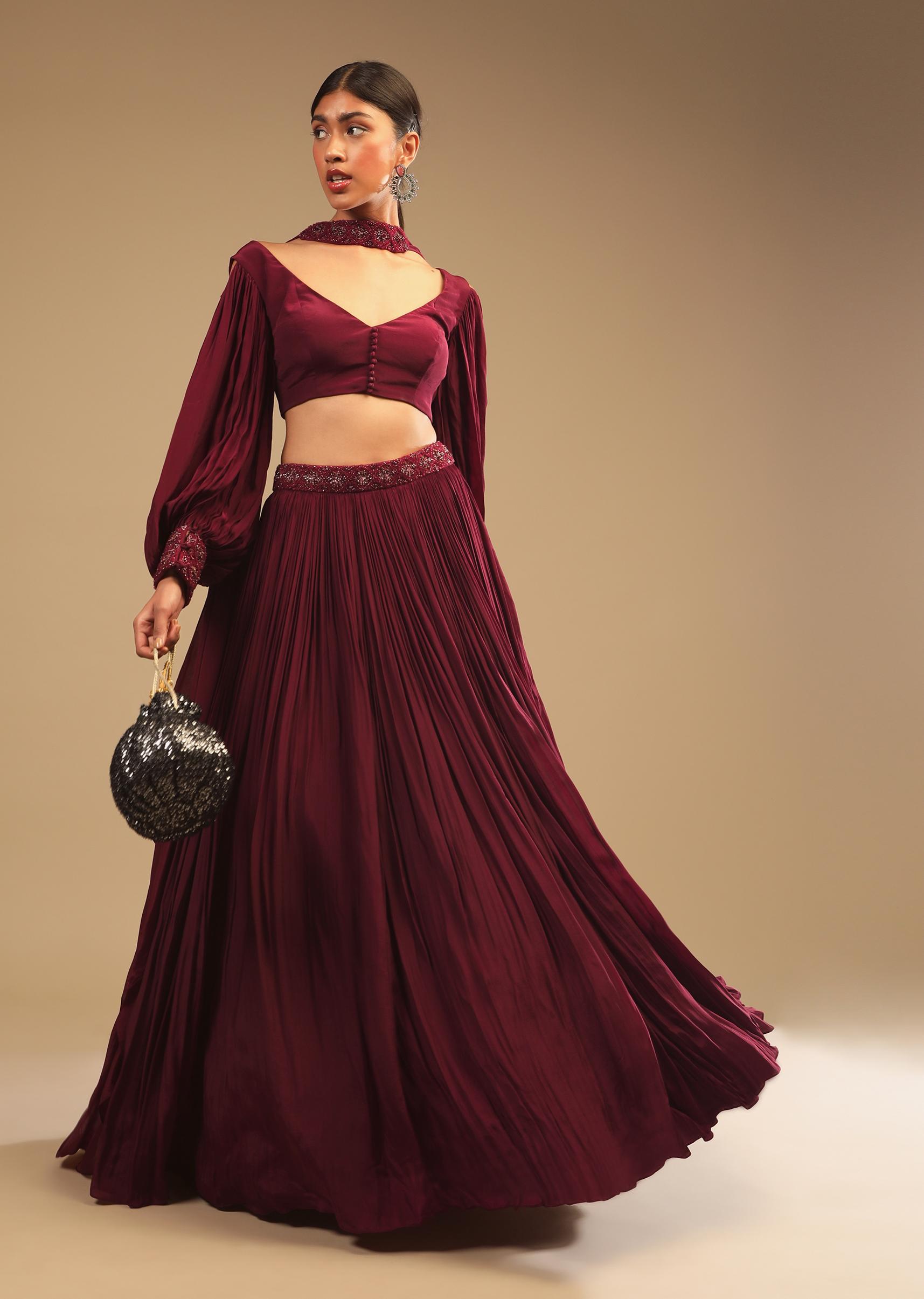 Kalki Fashion,M001RA527Y-SG73719,Maroon Lehenga In Crepe With Embroidery Detailing On The Waist And Bishop Sleeved Crop Top