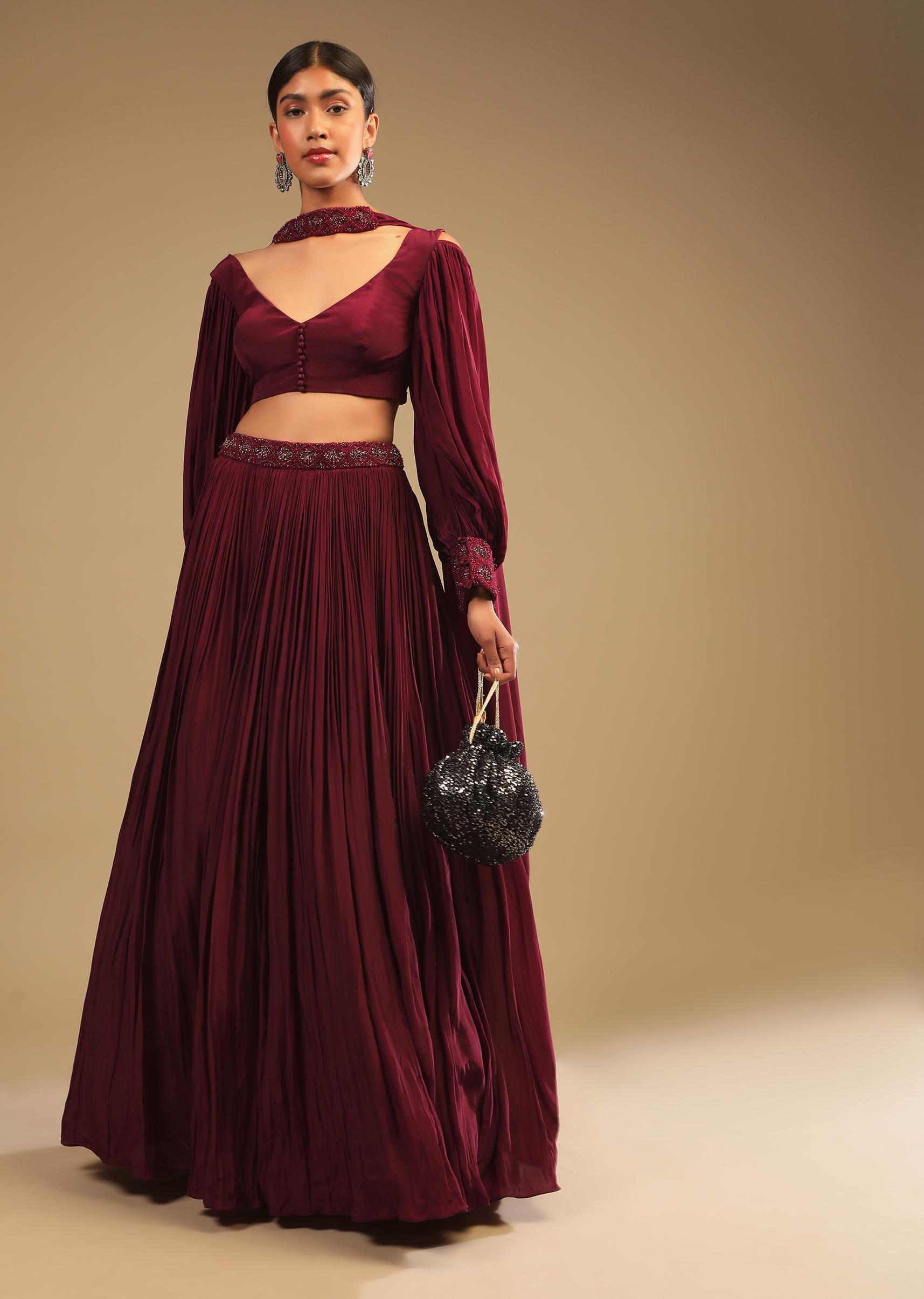 Kalki Fashion,M001RA527Y-SG73719,Maroon Lehenga In Crepe With Embroidery Detailing On The Waist And Bishop Sleeved Crop Top