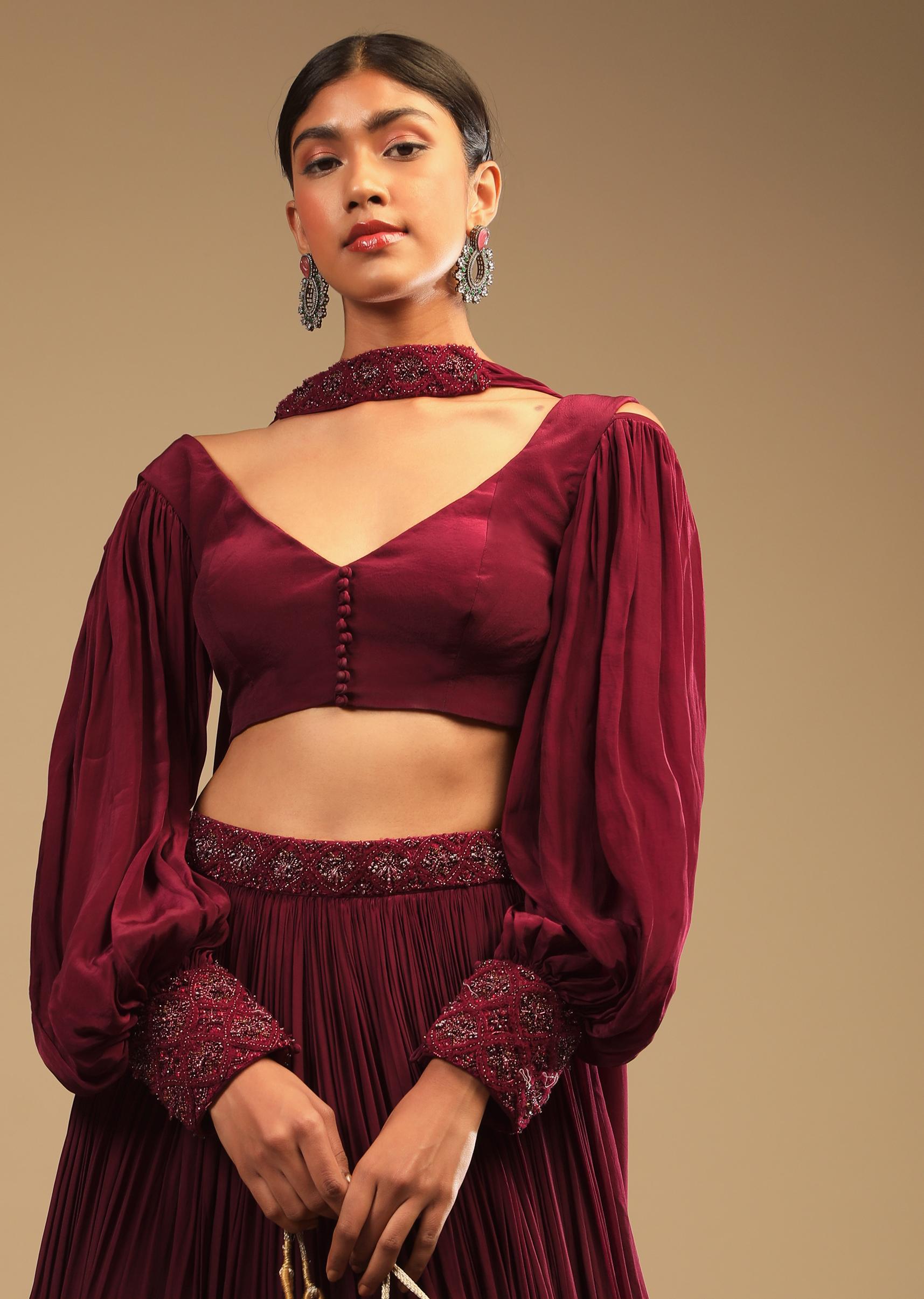 Kalki Fashion,M001RA527Y-SG73719,Maroon Lehenga In Crepe With Embroidery Detailing On The Waist And Bishop Sleeved Crop Top