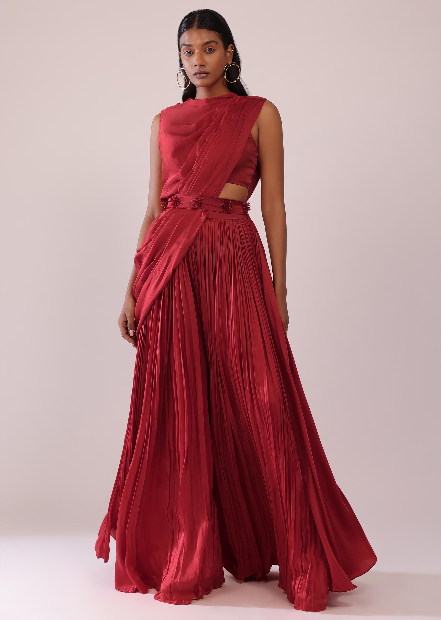 Kalki Fashion,SG148252,Maroon Red Satin Fabricated Bustier And Palazzo Set With Patch Work