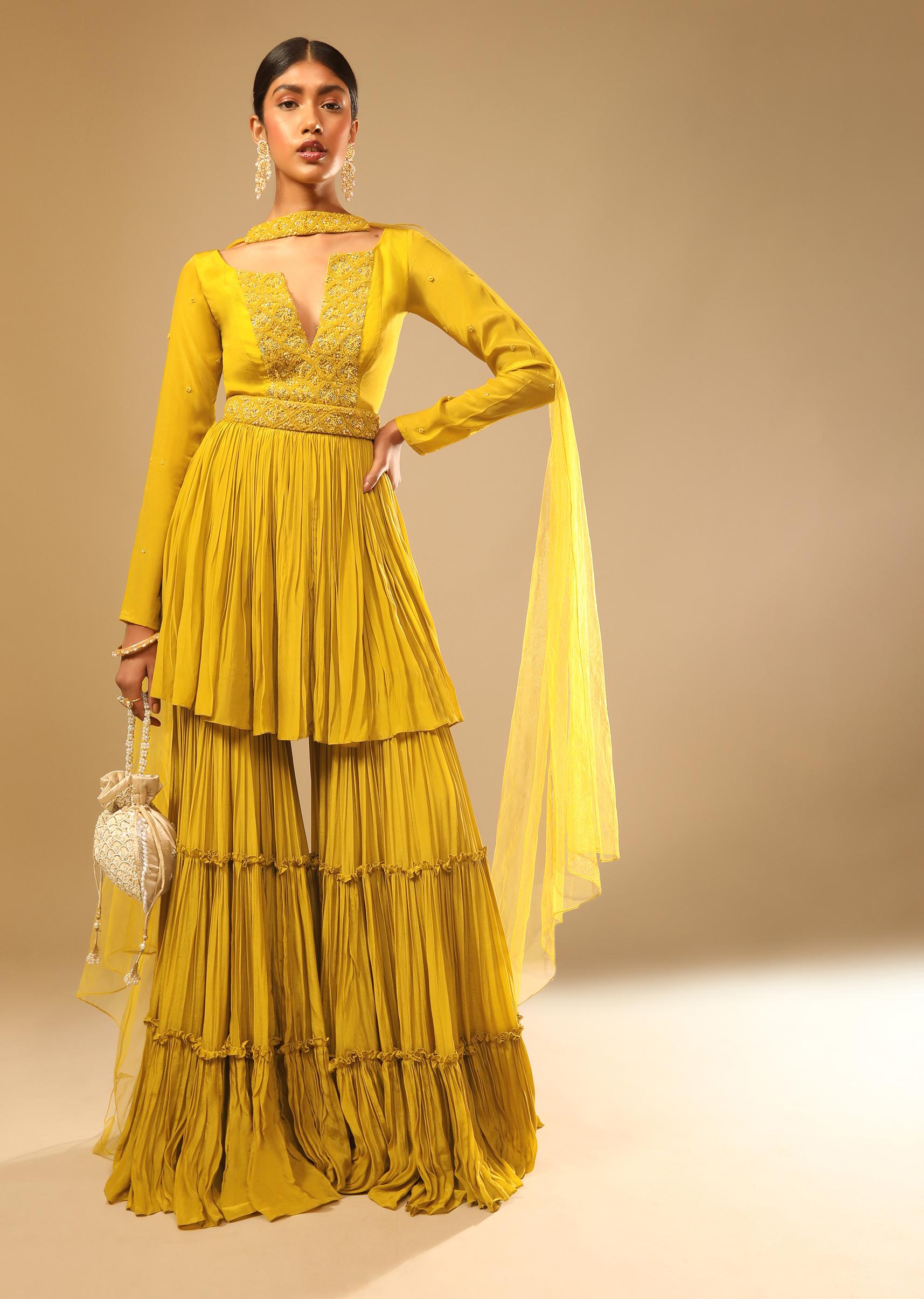 Kalki Fashion,M001RA529Y-SG73720,Mustard Yellow Sharara Suit In Crepe With A Flared Kurti Adorned In 3D Embroidery Along With A Belt