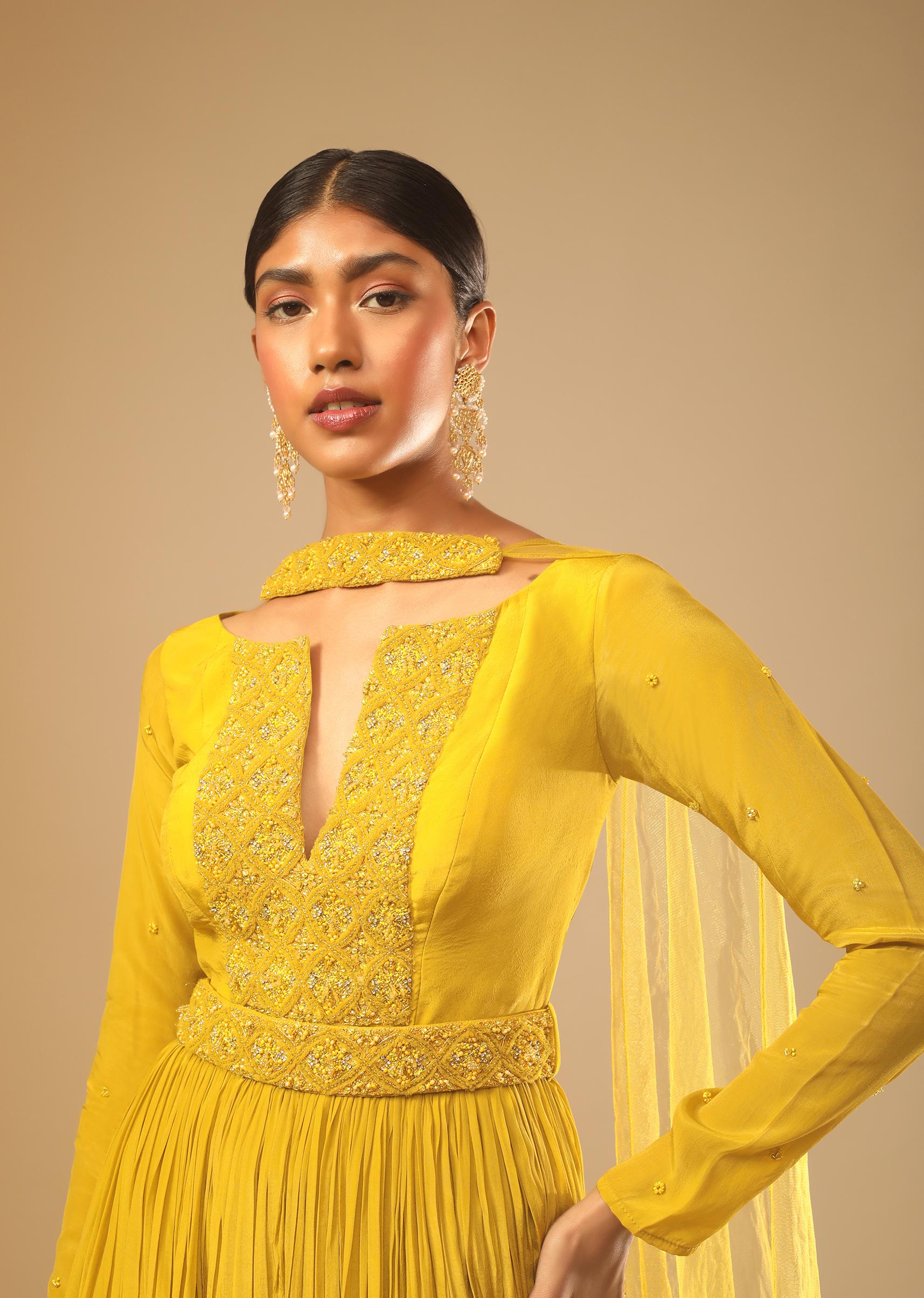 Kalki Fashion,M001RA529Y-SG73720,Mustard Yellow Sharara Suit In Crepe With A Flared Kurti Adorned In 3D Embroidery Along With A Belt
