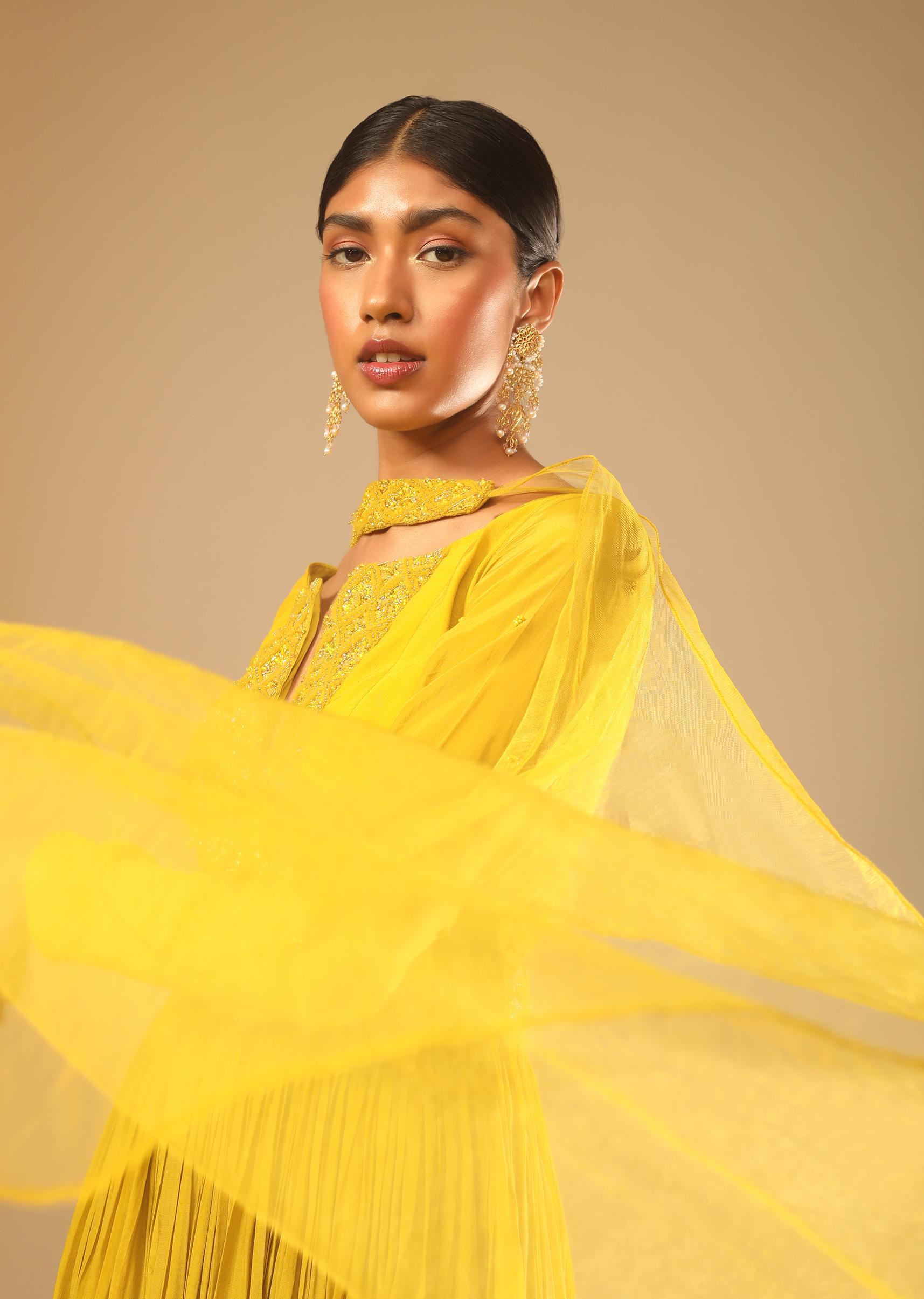 Kalki Fashion,M001RA529Y-SG73720,Mustard Yellow Sharara Suit In Crepe With A Flared Kurti Adorned In 3D Embroidery Along With A Belt