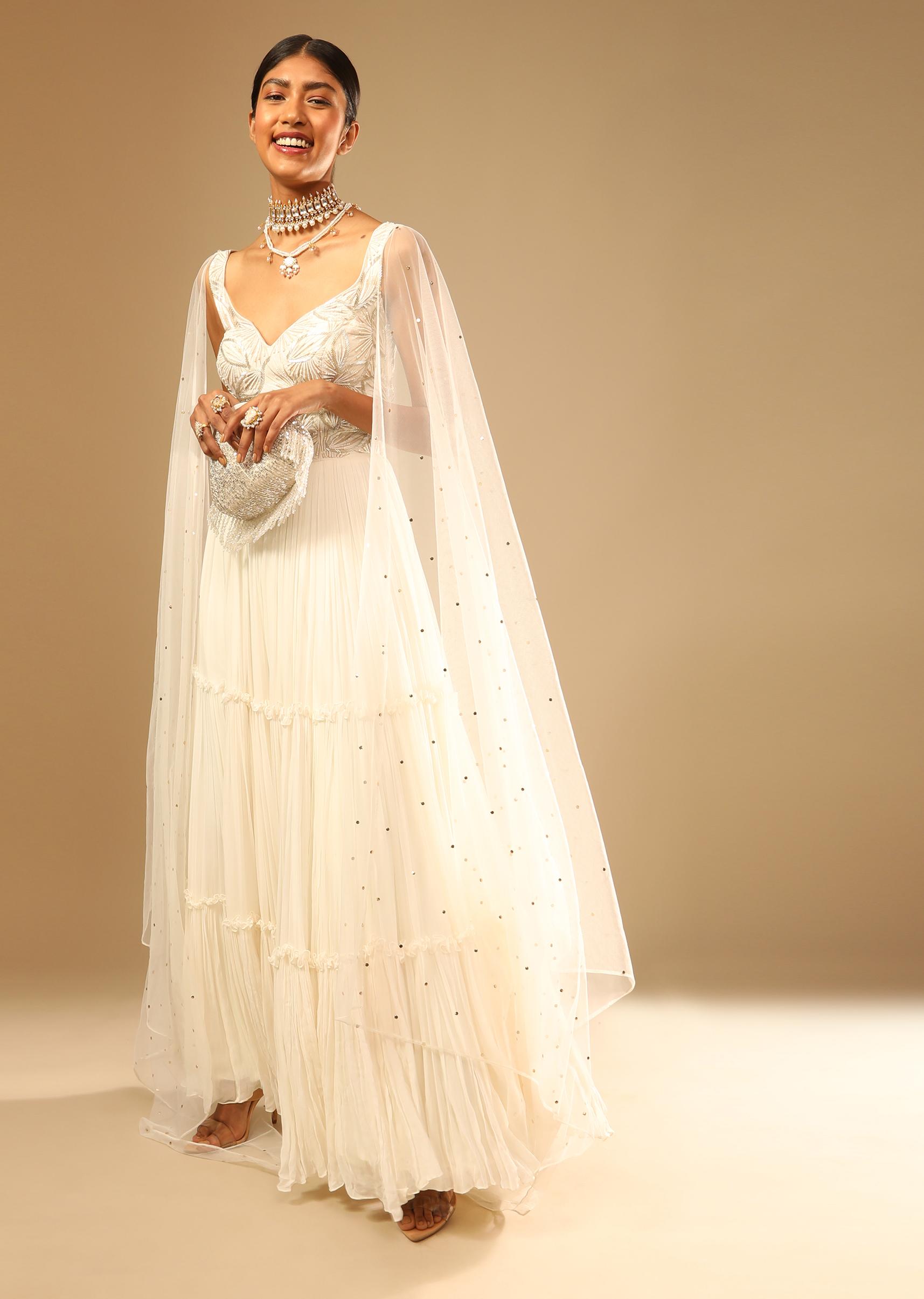 Kalki Fashion,M001G3015Y-SG73163,Off White Gown In Georgette With Tiered Flare And Hand Embroidered Leaf Motifs On The Bodice