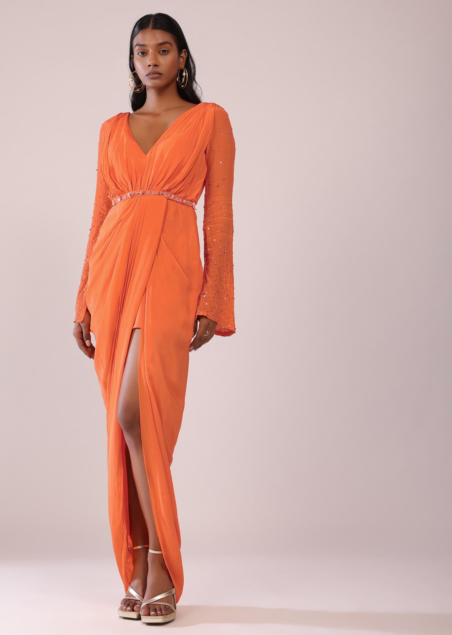Kalki Fashion,SG147488,Orange Indo-Western Gown In Crepe With Tikki And Moti Hand Work