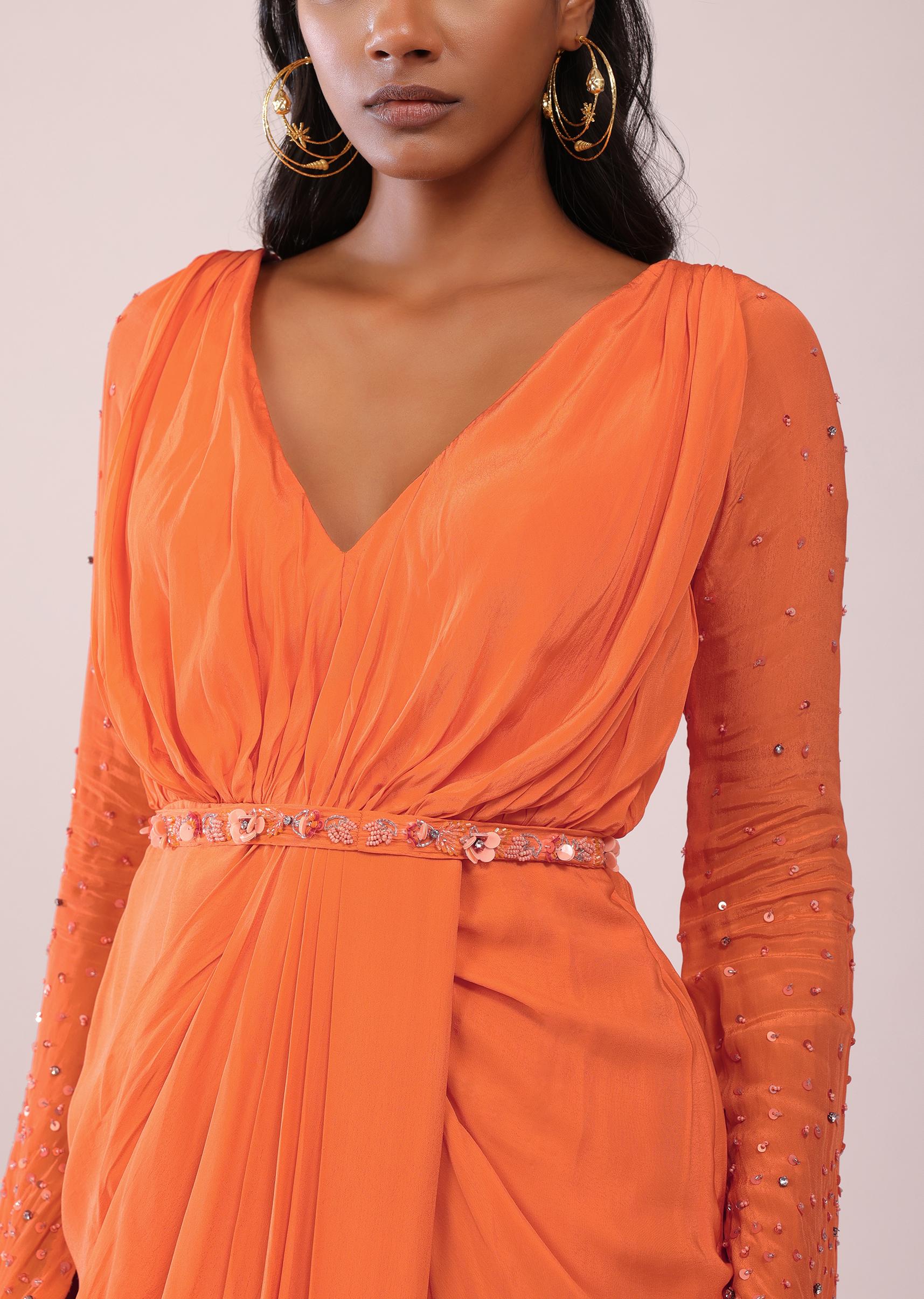 Kalki Fashion,SG147488,Orange Indo-Western Gown In Crepe With Tikki And Moti Hand Work