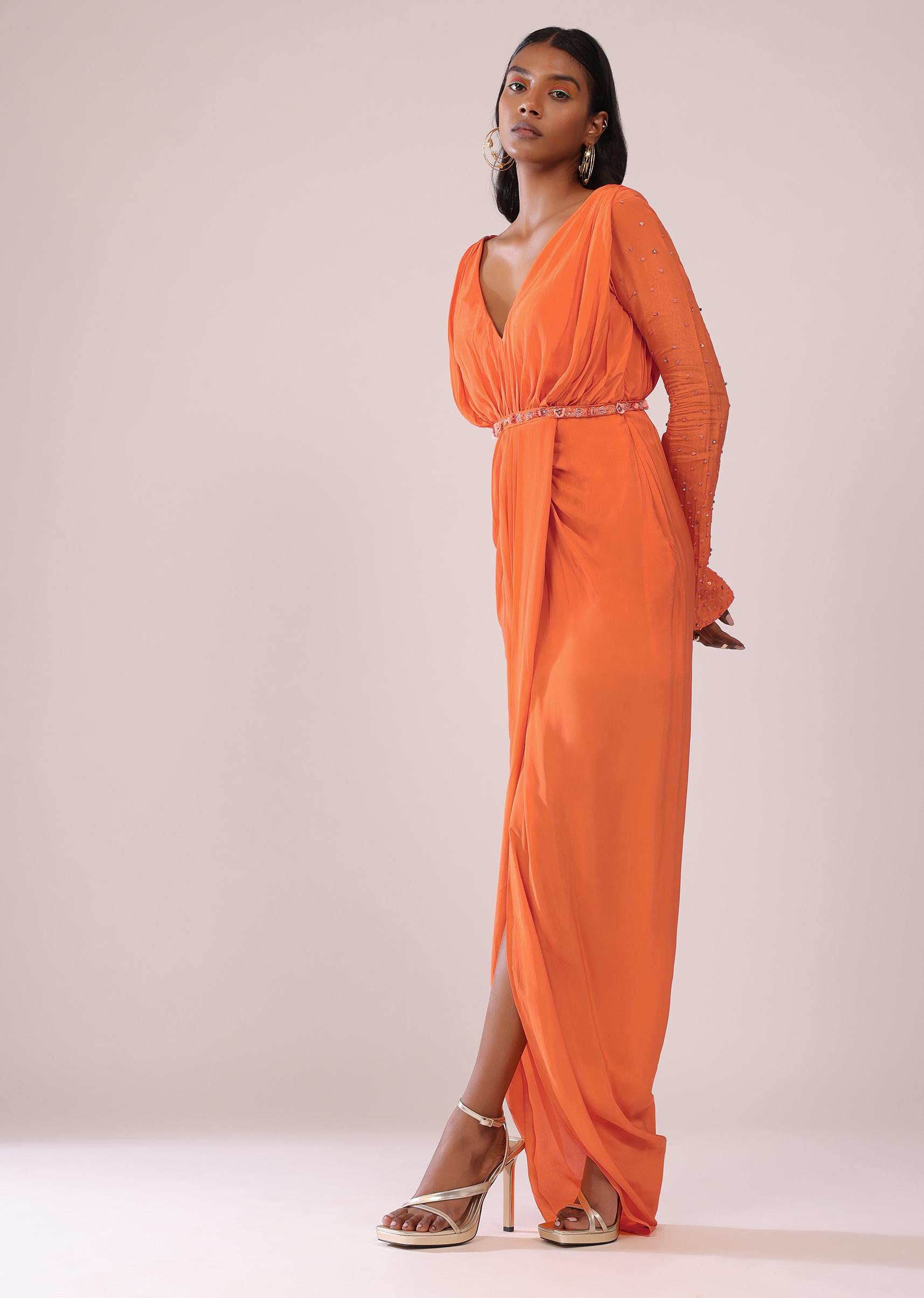 Kalki Fashion,SG147488,Orange Indo-Western Gown In Crepe With Tikki And Moti Hand Work