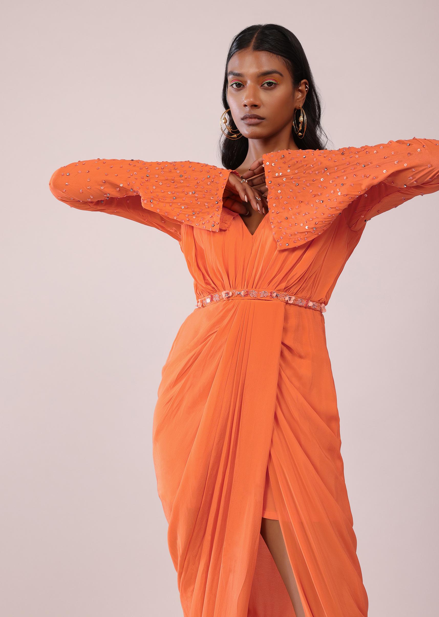 Kalki Fashion,SG147488,Orange Indo-Western Gown In Crepe With Tikki And Moti Hand Work