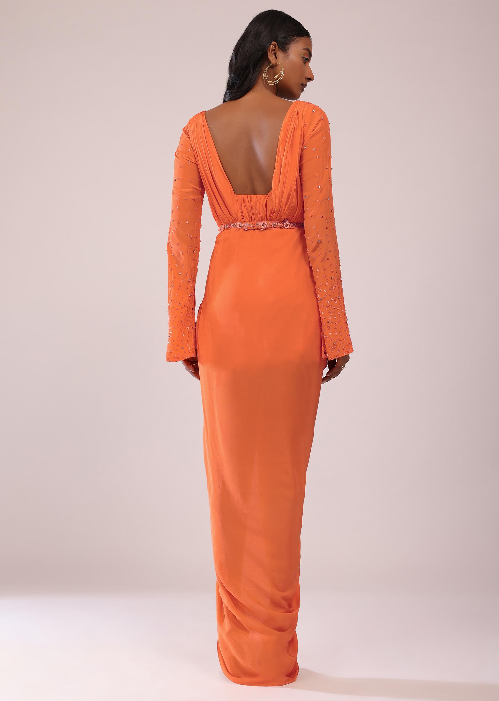 Kalki Fashion,SG147488,Orange Indo-Western Gown In Crepe With Tikki And Moti Hand Work