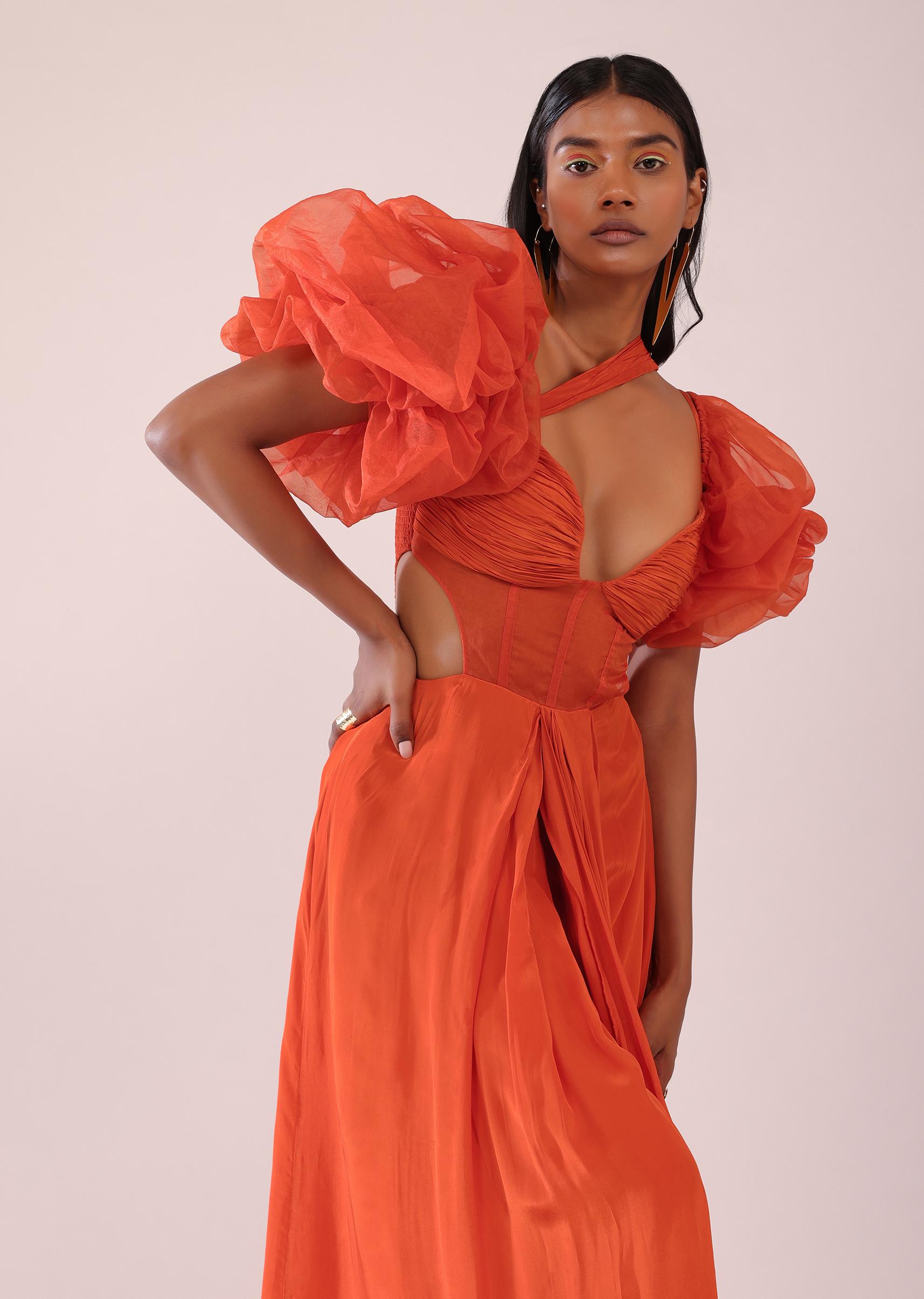 Kalki Fashion,SG149471,Orange Indo-Western Saree Gown In Crepe With Detachable Drama Sleeves In Organza