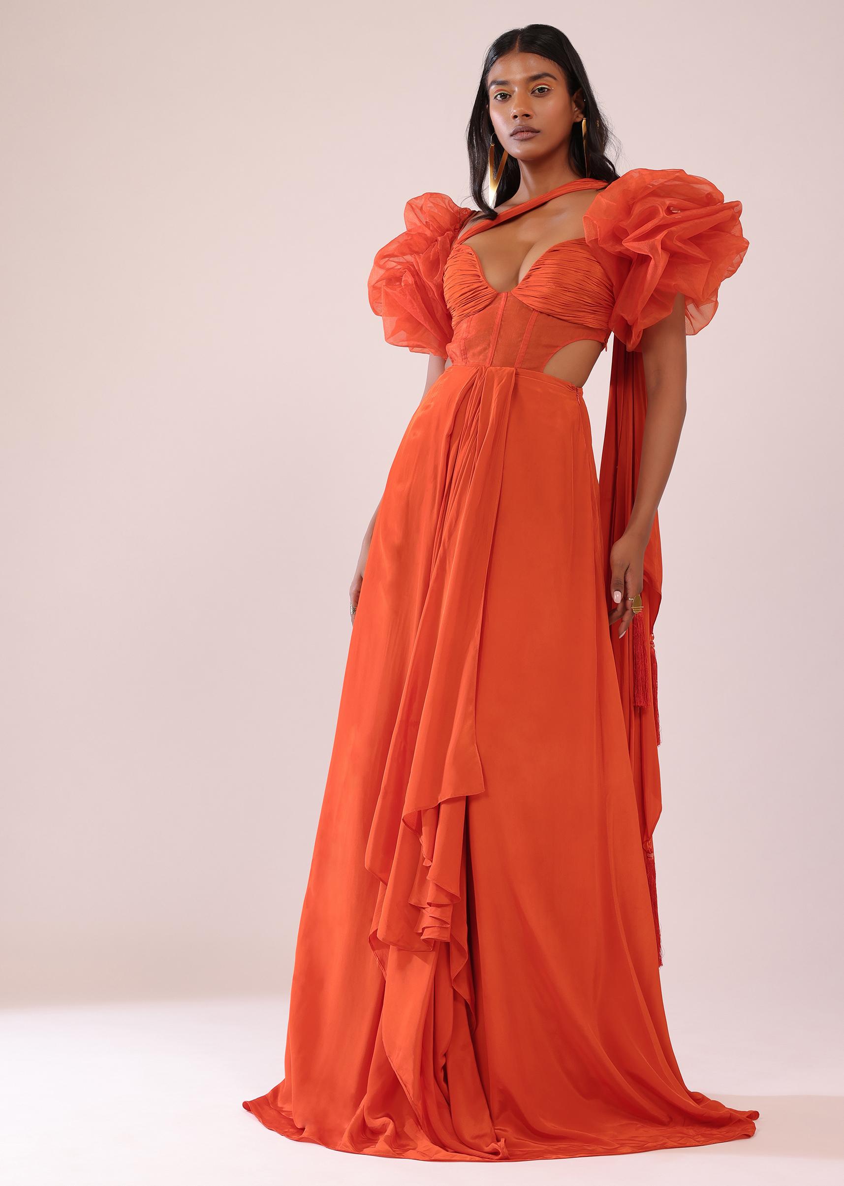 Kalki Fashion,SG149471,Orange Indo-Western Saree Gown In Crepe With Detachable Drama Sleeves In Organza