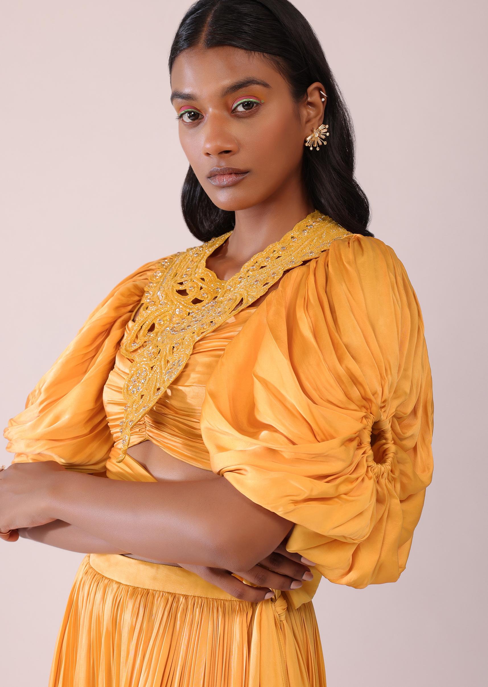 Kalki Fashion,SG148237,Orange Indo-Western Skirt And Blouse With Balloon Sleeves